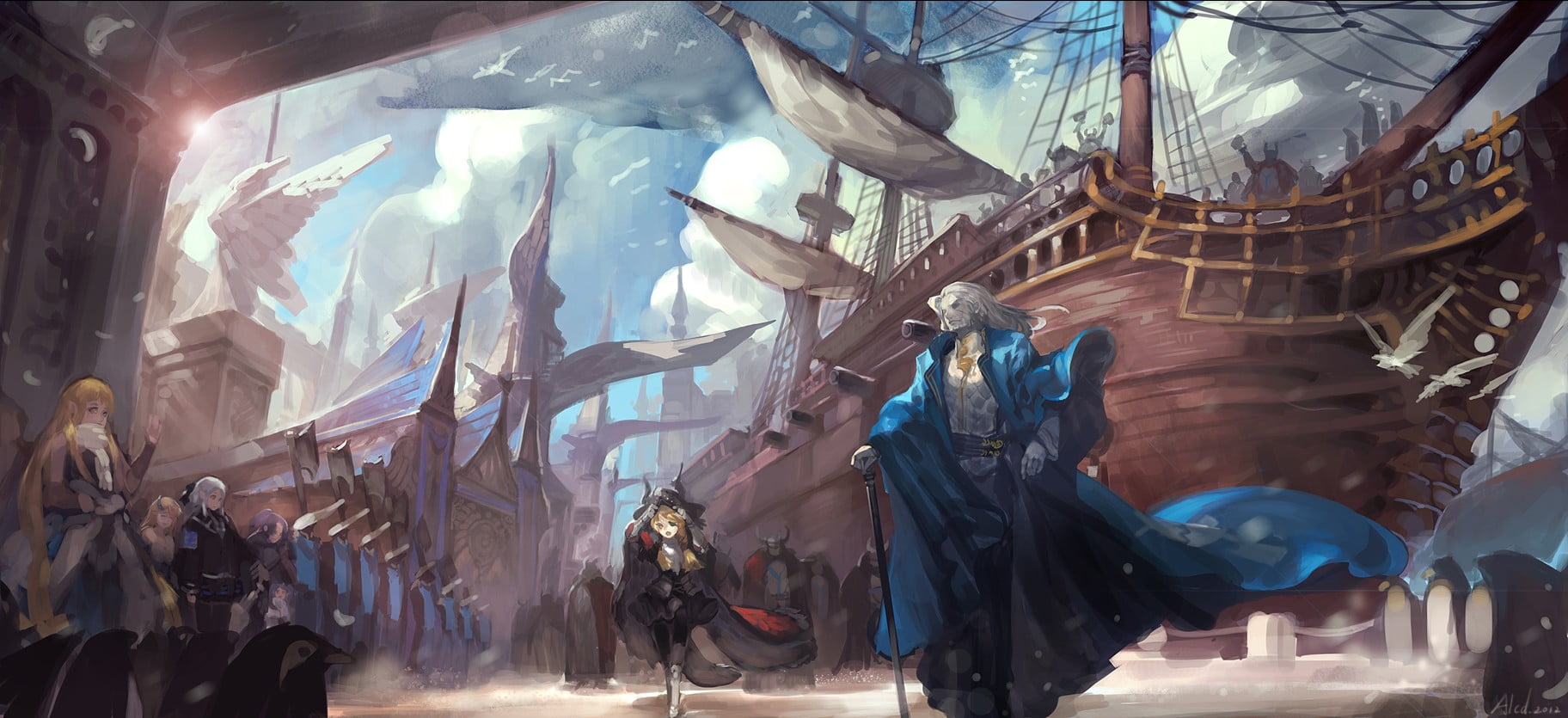 1824x835 Pirate with ship painting, anime HD wallpaper