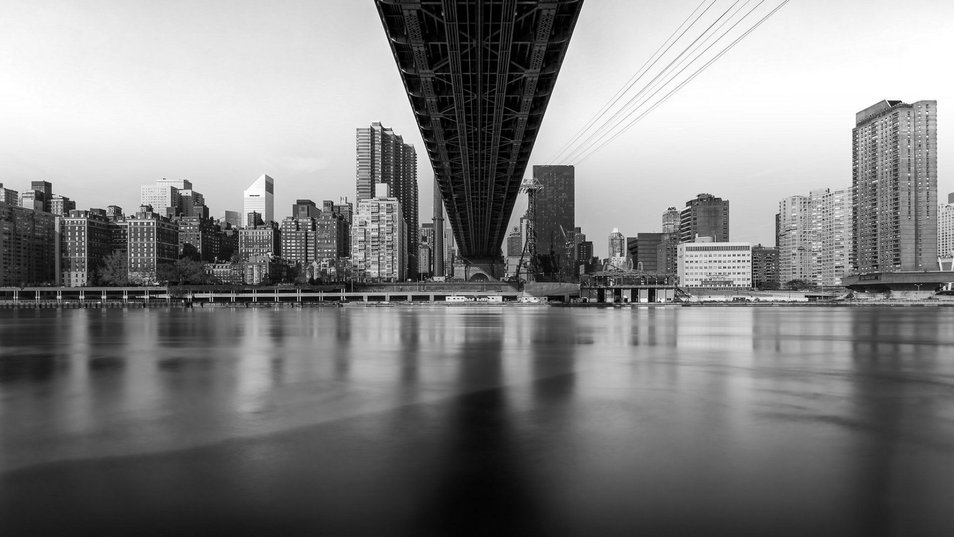 1920x1080 Download Queensboro Bridge Skyscraper Building USA City River Black & White Bridge Man Made New York HD Wallpaperx1152