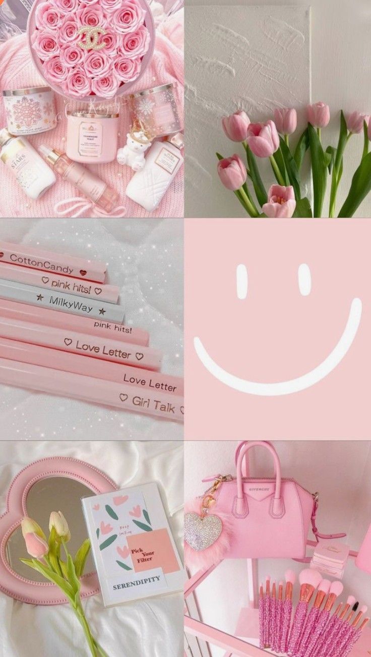 736x1303 Colorful Collage with Pink Flowers and Makeup. Baby blue wallpaper, Phone wallpaper boho, Pink wallpaper girly