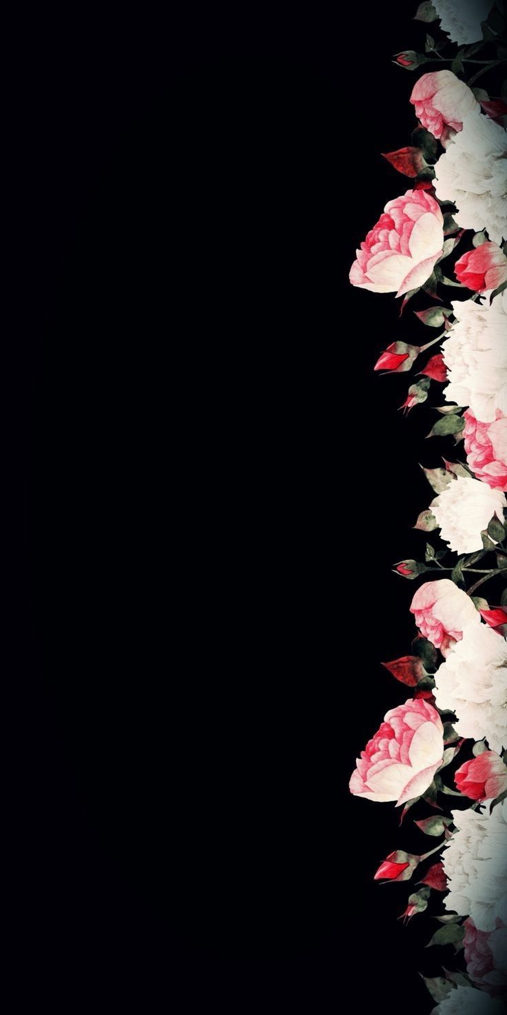736x1472 Pink and White Flower Wallpaper. Dark floral border design, Black background with flowers, Black background floral message