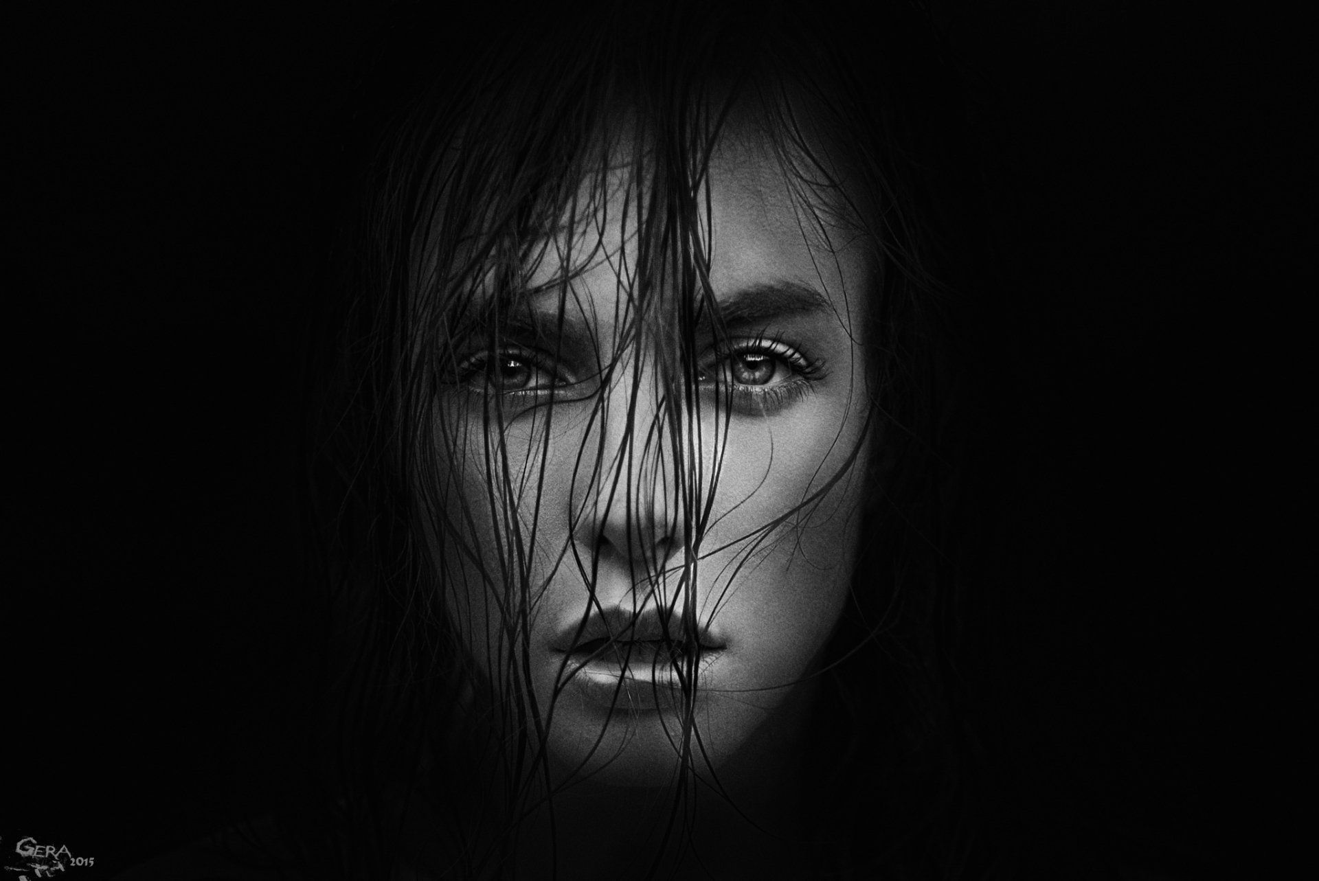 1920x1283 Striking Black & White Portrait: Moody Woman with Wet Hair HD Wallpaper