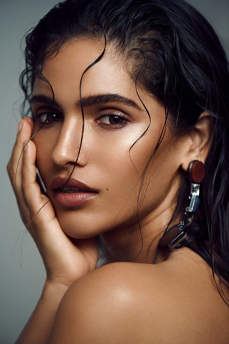 800x1200 Women, women indoors, dark hair, model, makeup, face, touching face, hair in face, HD phone wallpaper