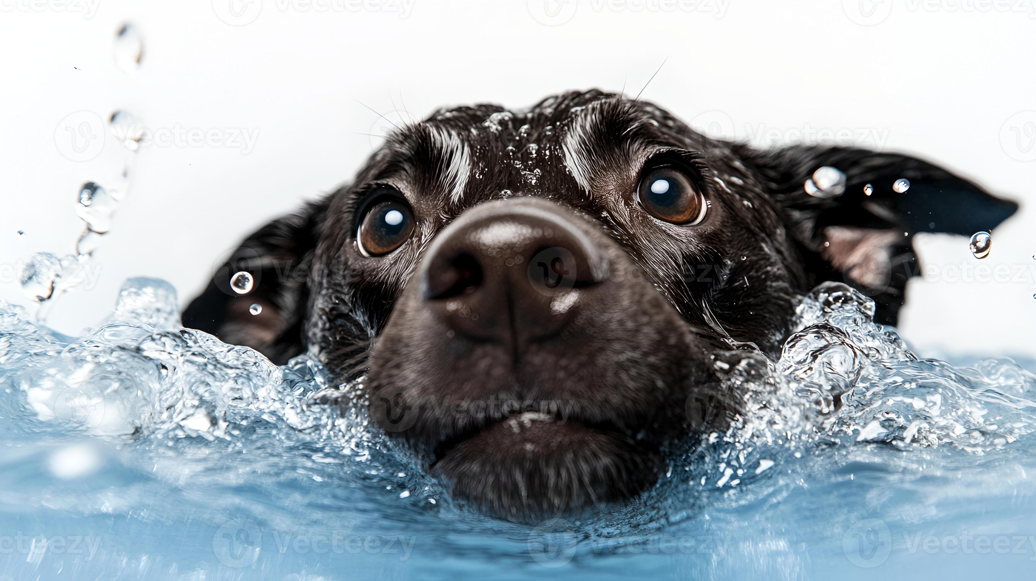 3497x1960 A black dog with a wet shiny coat emerges from the water looking around with a playful inquisitive gaze as water droplets splash around its face