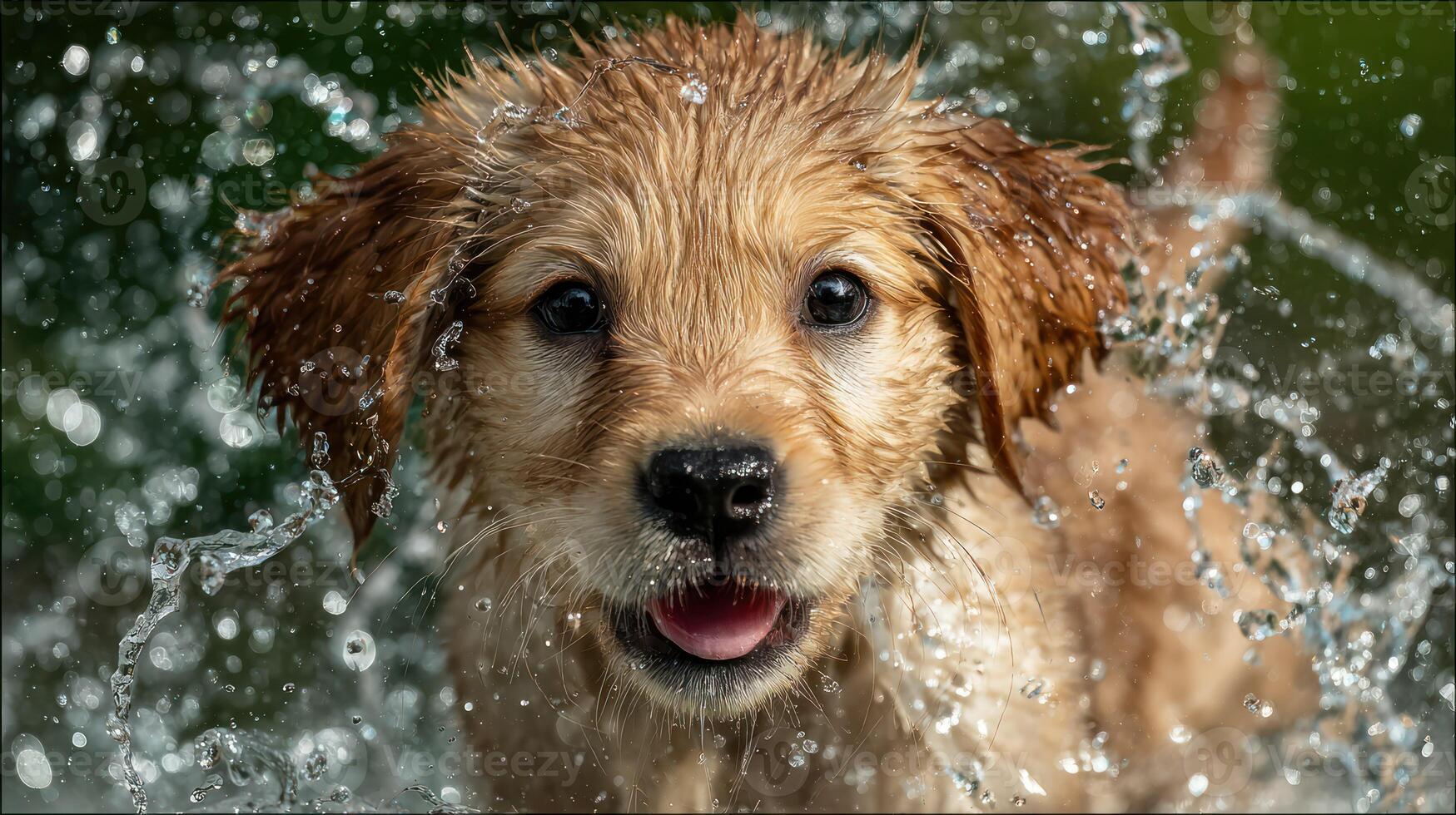 1749x980 Golden Retriever Puppy Face Close Up Splashing with Water Portrait