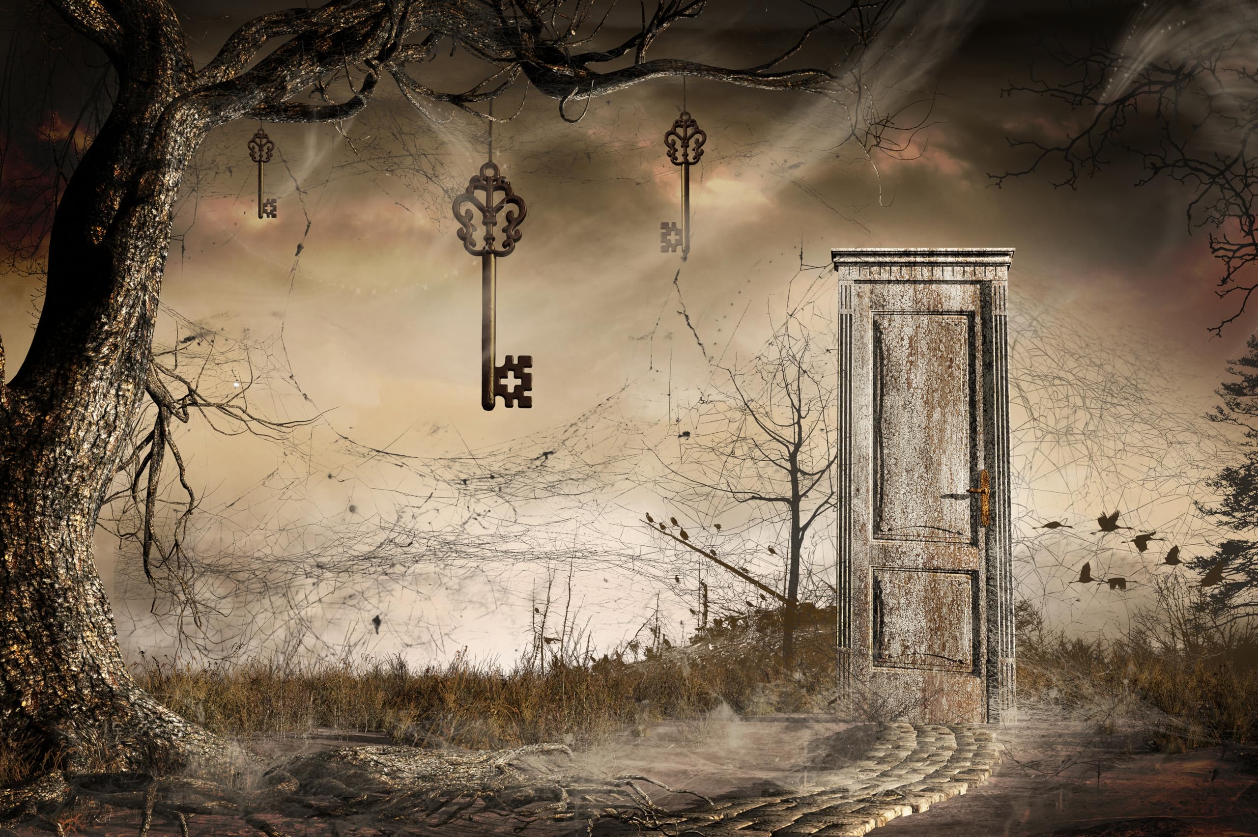 2560x1704 Amazon.com : CHNYWORK 5x3ft Misty Dark Wonderland Backdrop Old Creepy Wooden Door Vintage Keys Misty Forest Landscape Background Scary Scenery Horror Halloween Cosplay Party Decor Photo Booth Props Wallpaper