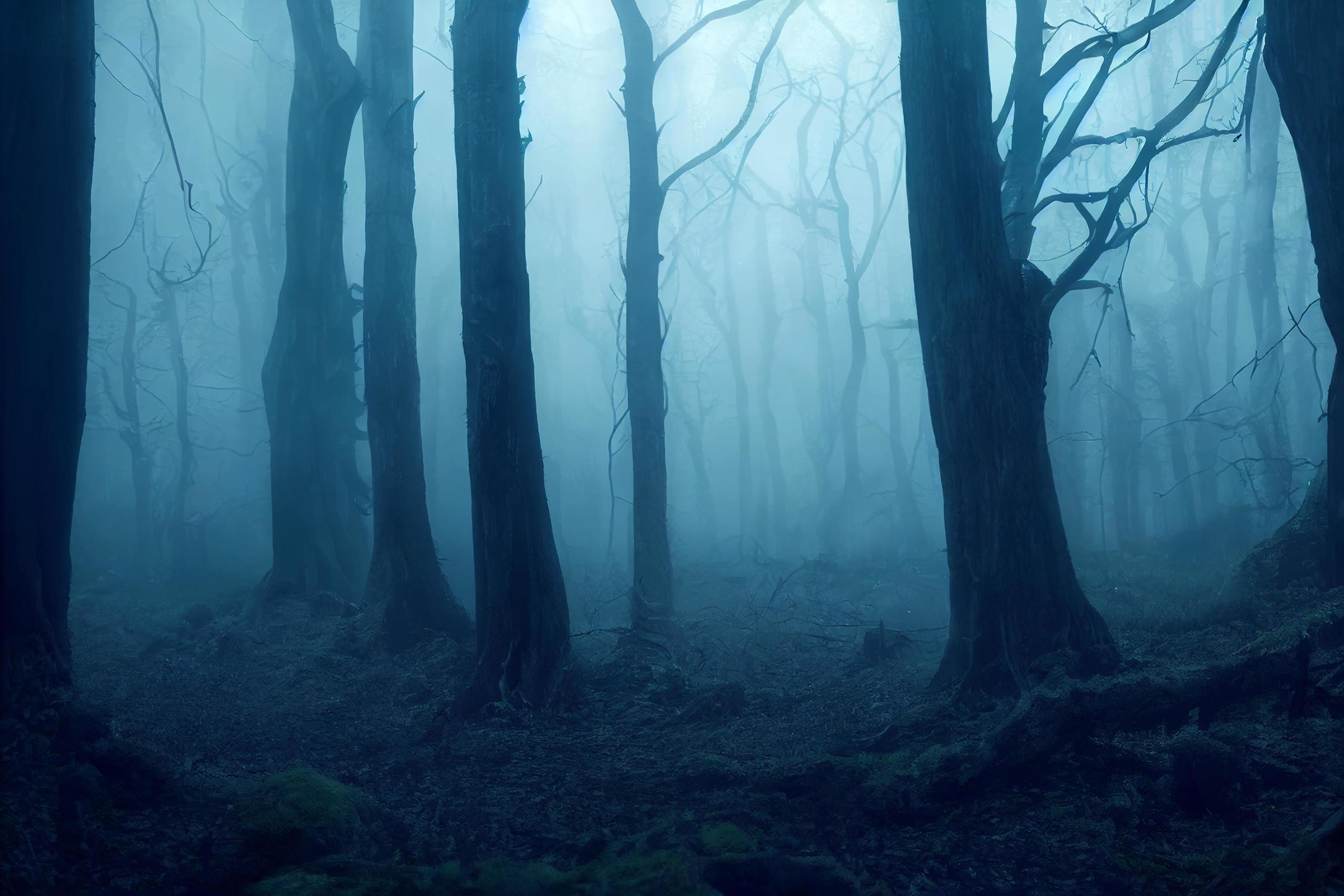 2940x1960 Landscape of haunted mist forest dark background, creepy and scary concept, 3D rendering