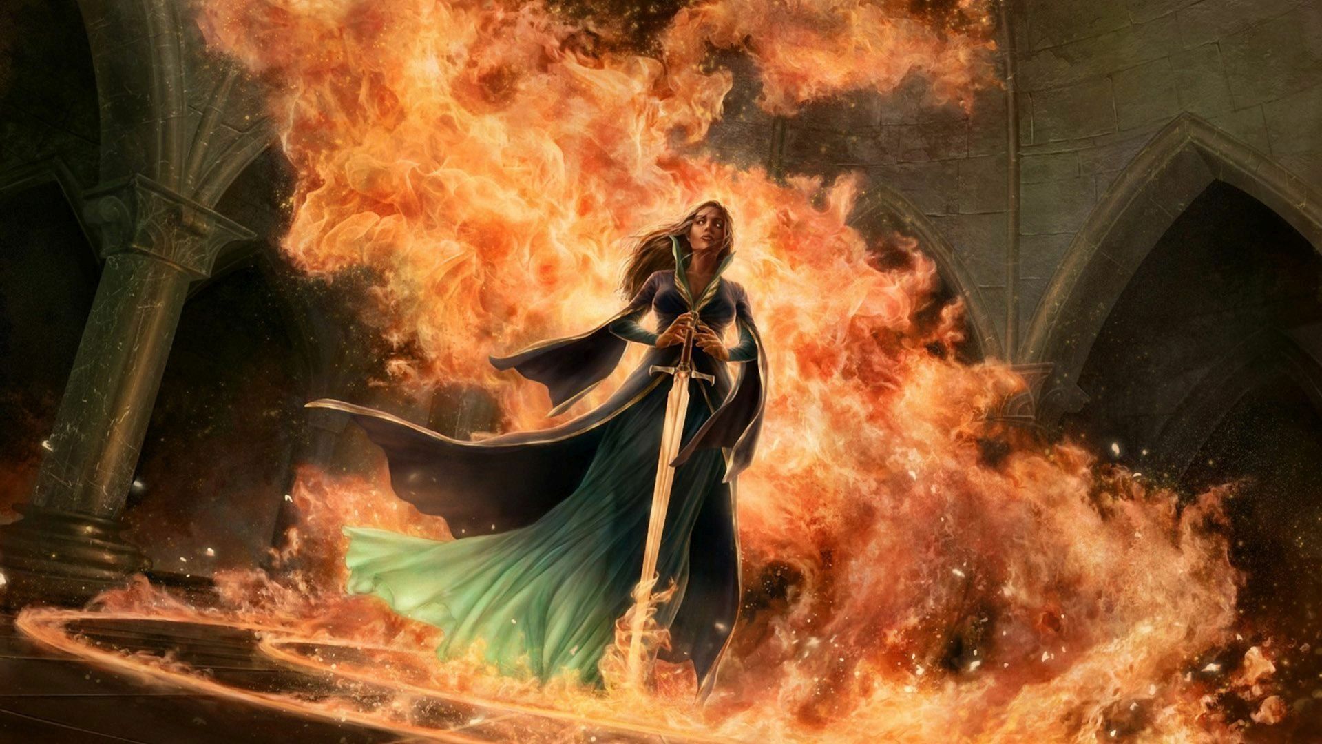 1920x1080 Flaming Witch's Sword: Epic Fantasy Magic HD Wallpaperx1080