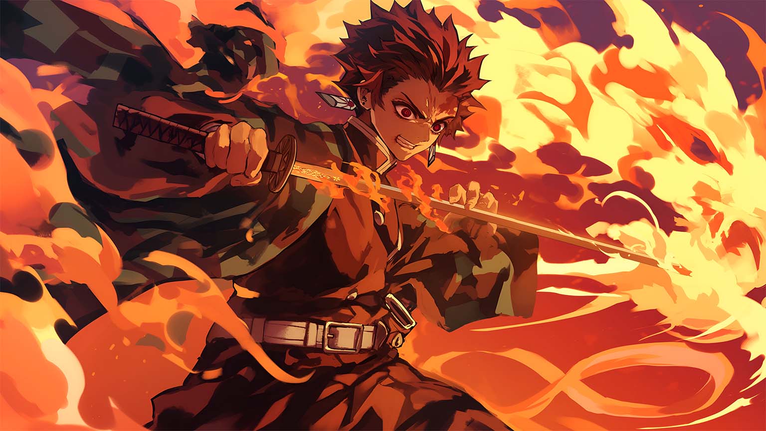1536x864 Tanjiro Fire Sword Demon Slayer Desktop Wallpaper
