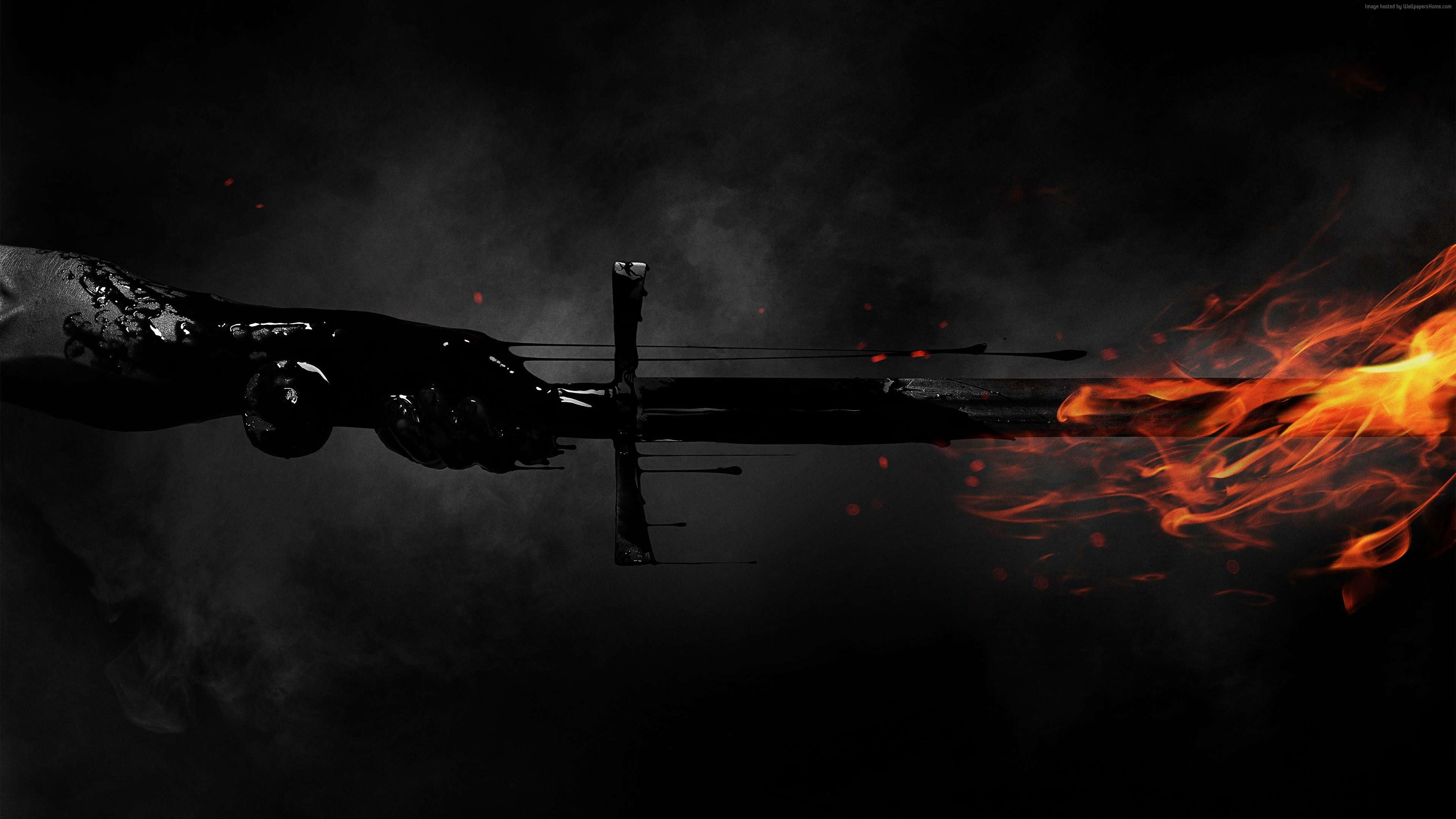 3840x2160 Person holding flaming sword 3D wallpaper HD wallpaper