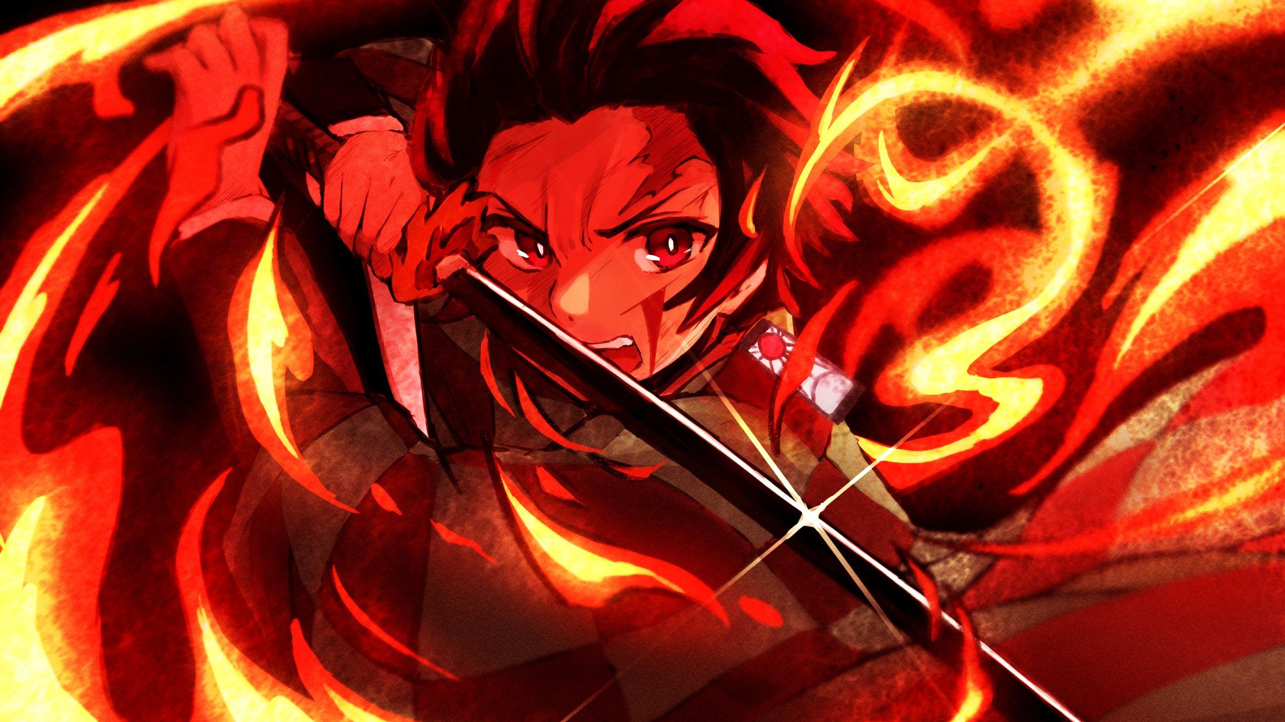 2560x1440 Demon Slayer Tanjiro Kamado With Sharp Sword On Fire HD Anime Wallpaper