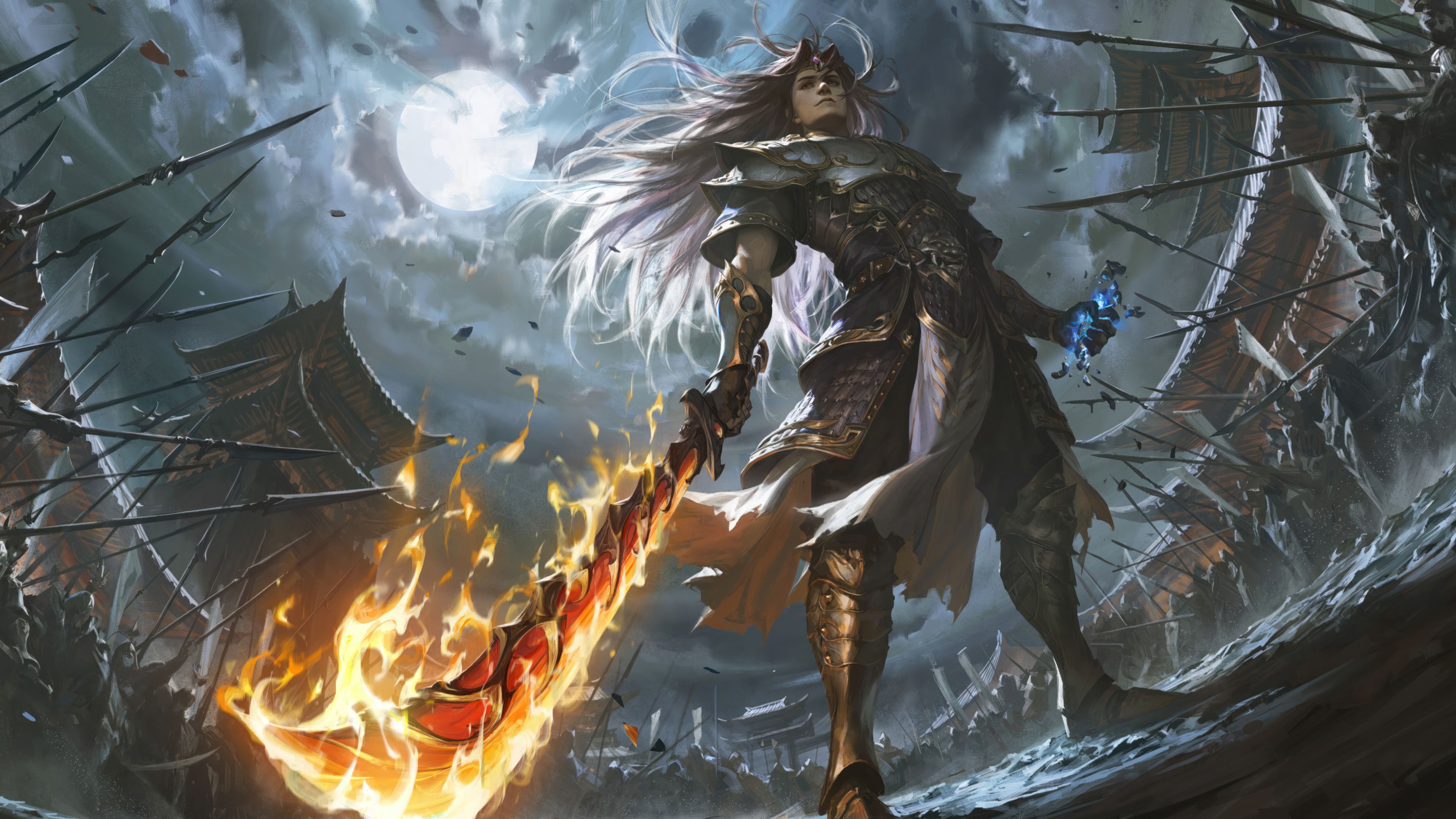3840x2160 Warrior Flaming Sword Fantasy Wallpaper 4K HD PC n