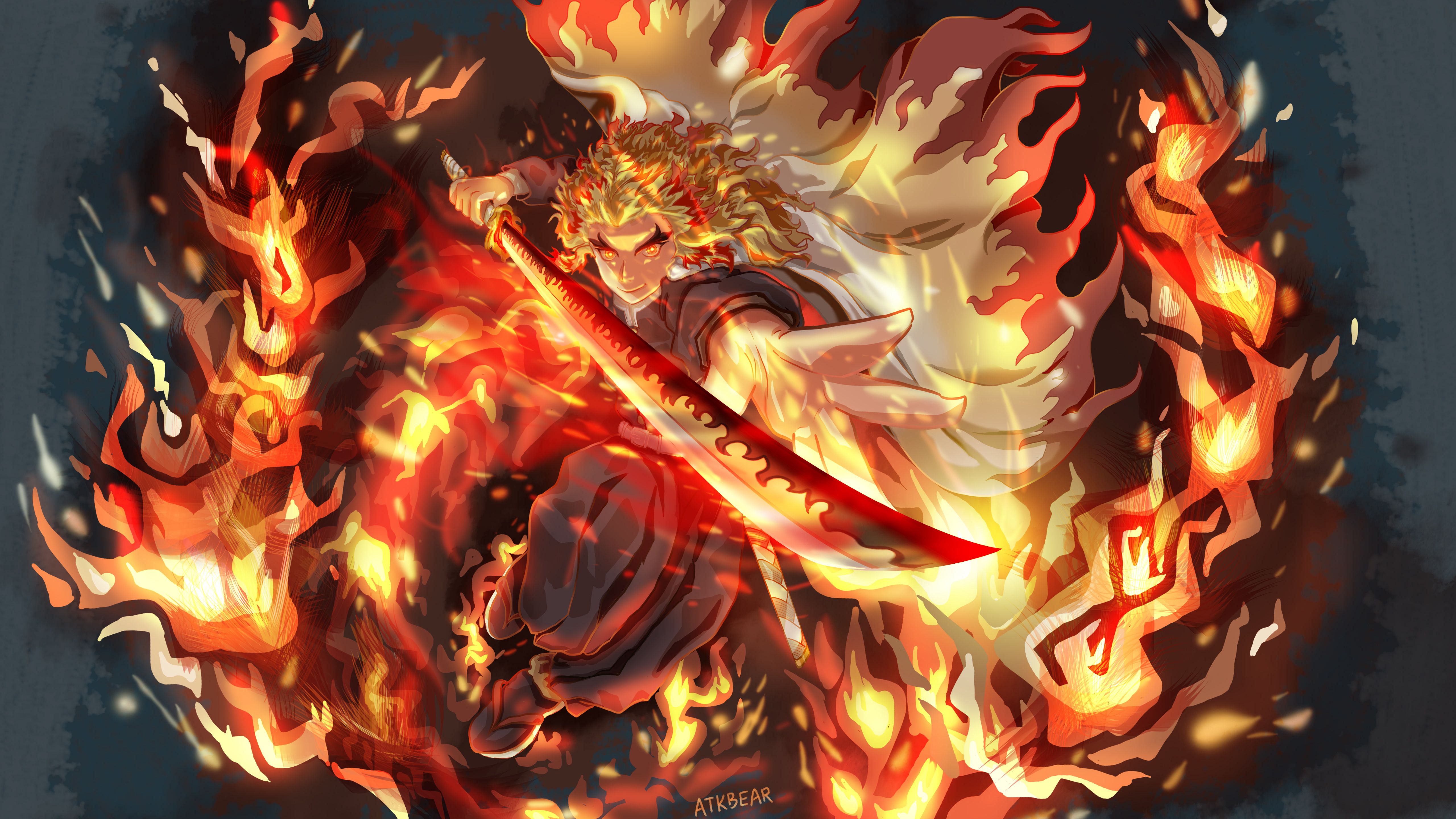 5120x2880 Kyojuro Rengoku Sword Fire Background 4K 5K HD Demon Slayer Kimetsu no Yaiba Wallpaper