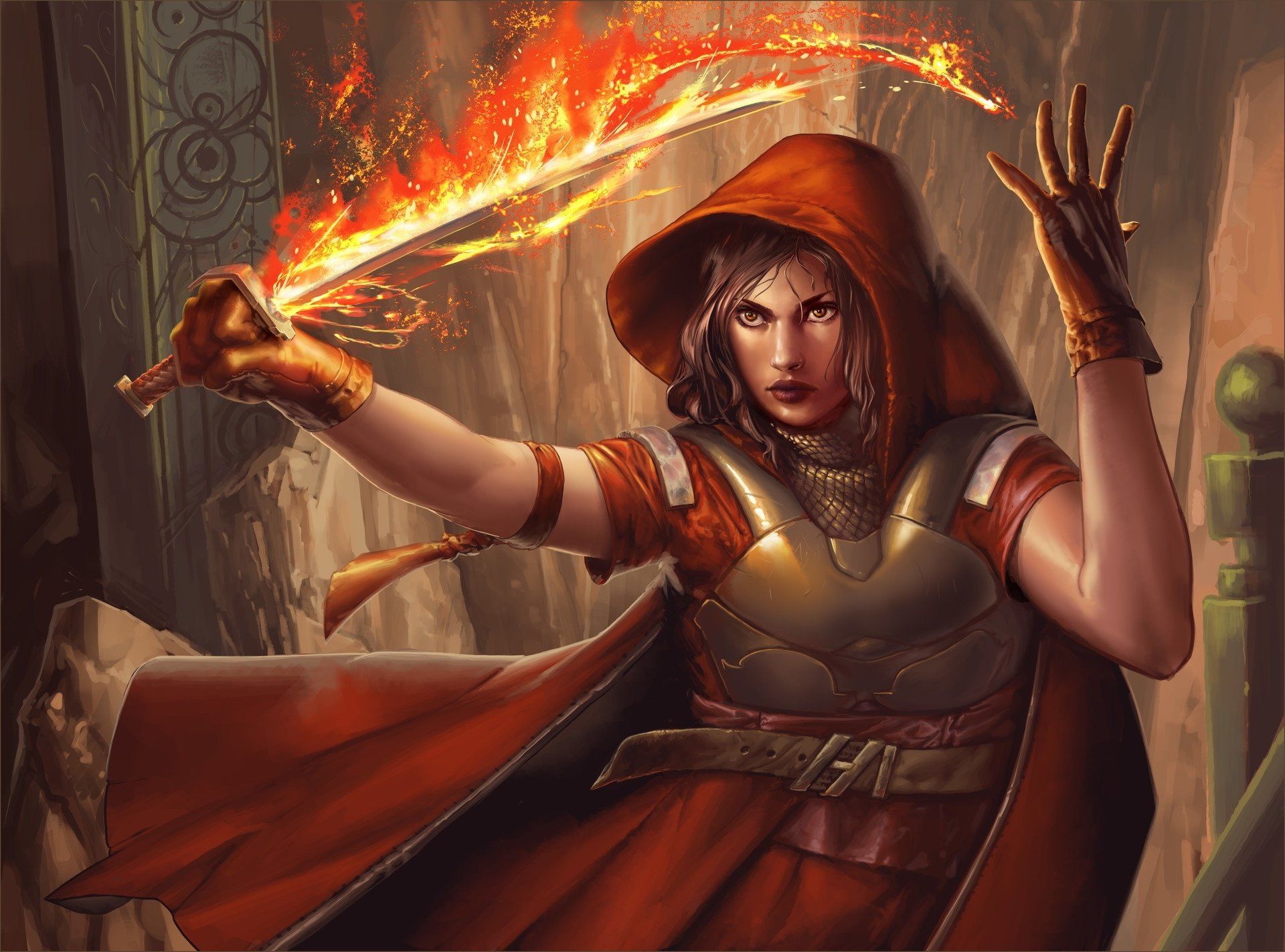1920x1423 Flaming Sword Sorceress: Hooded Woman Warrior HD Fantasy Wallpaper