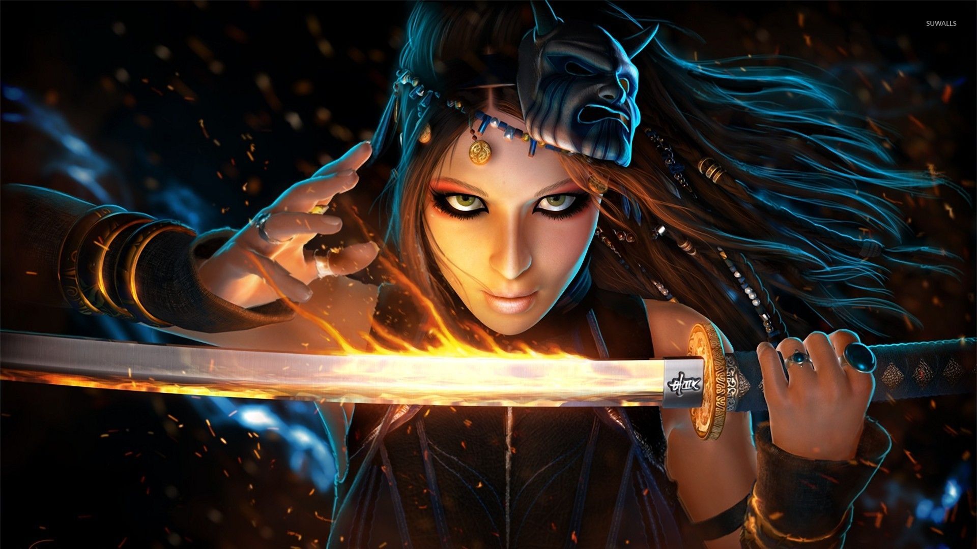 1920x1080 Woman with her flaming sword wallpaper wallpaper