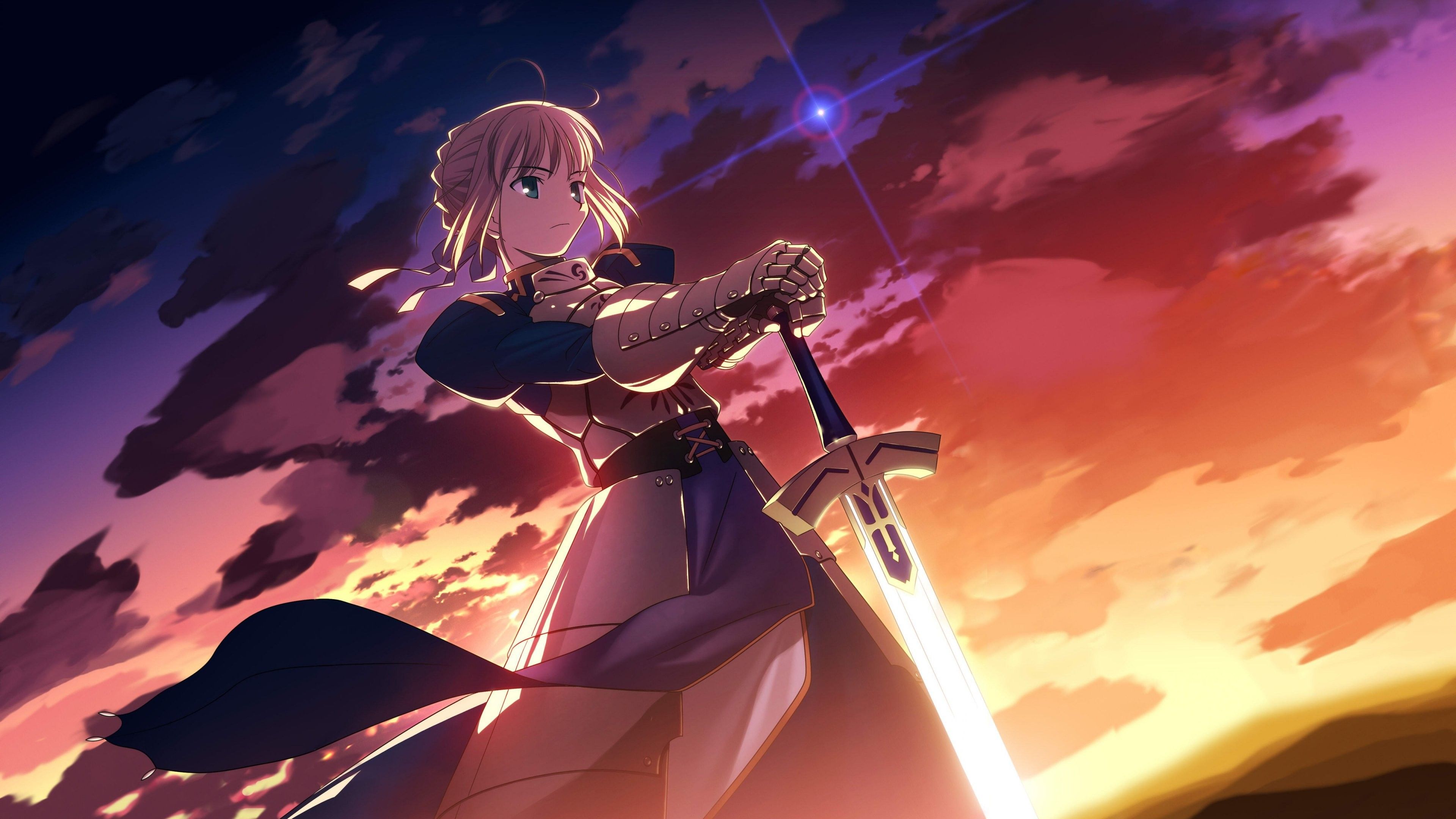 3840x2160 Flaming sword in his hand girl anime Fate Series Desktop wallpaper 1366x768