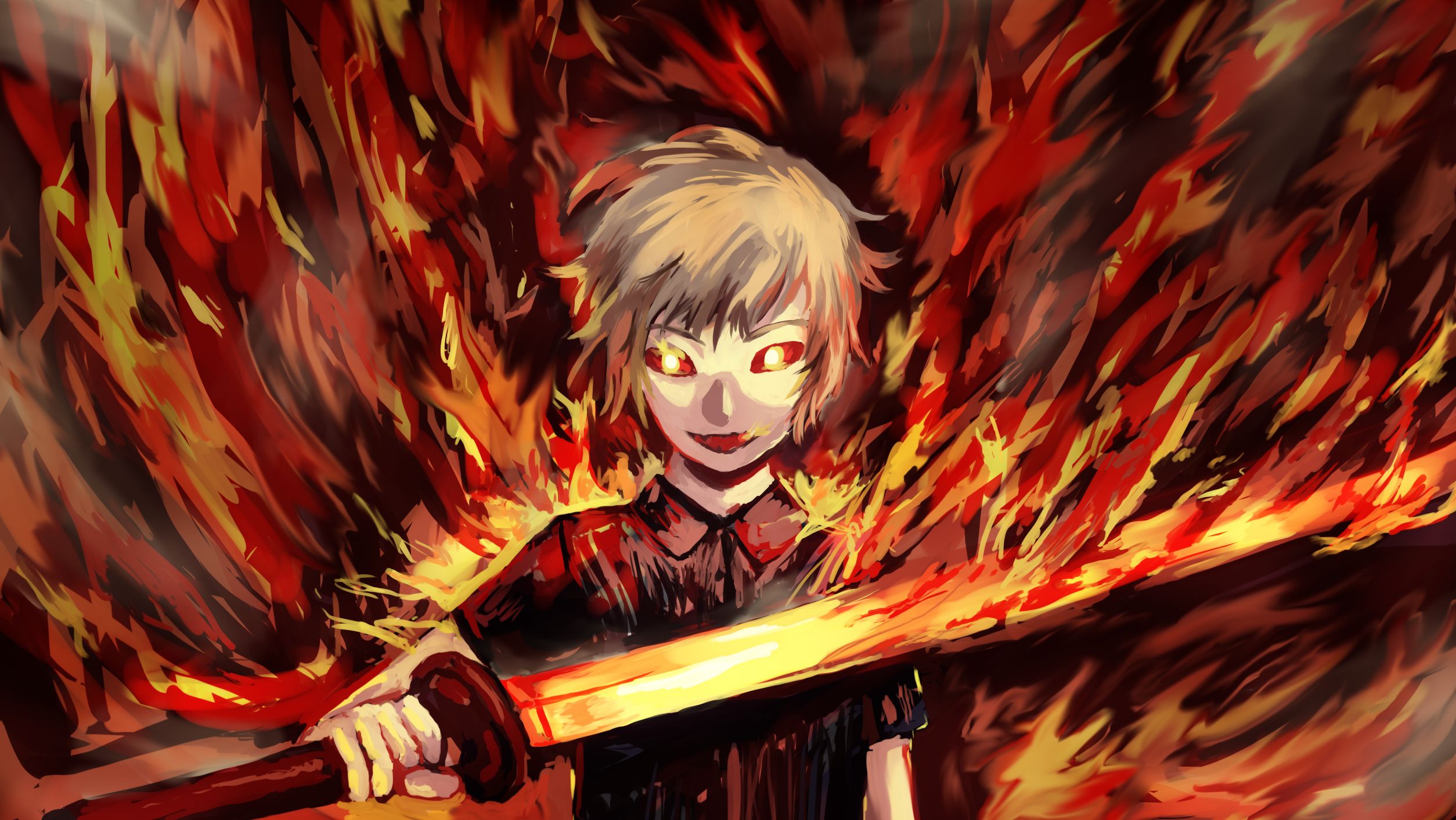 2508x1412 Desktop wallpaper: Anime, Original, Evil, Flame, Sword 4K free download for PC. 906095