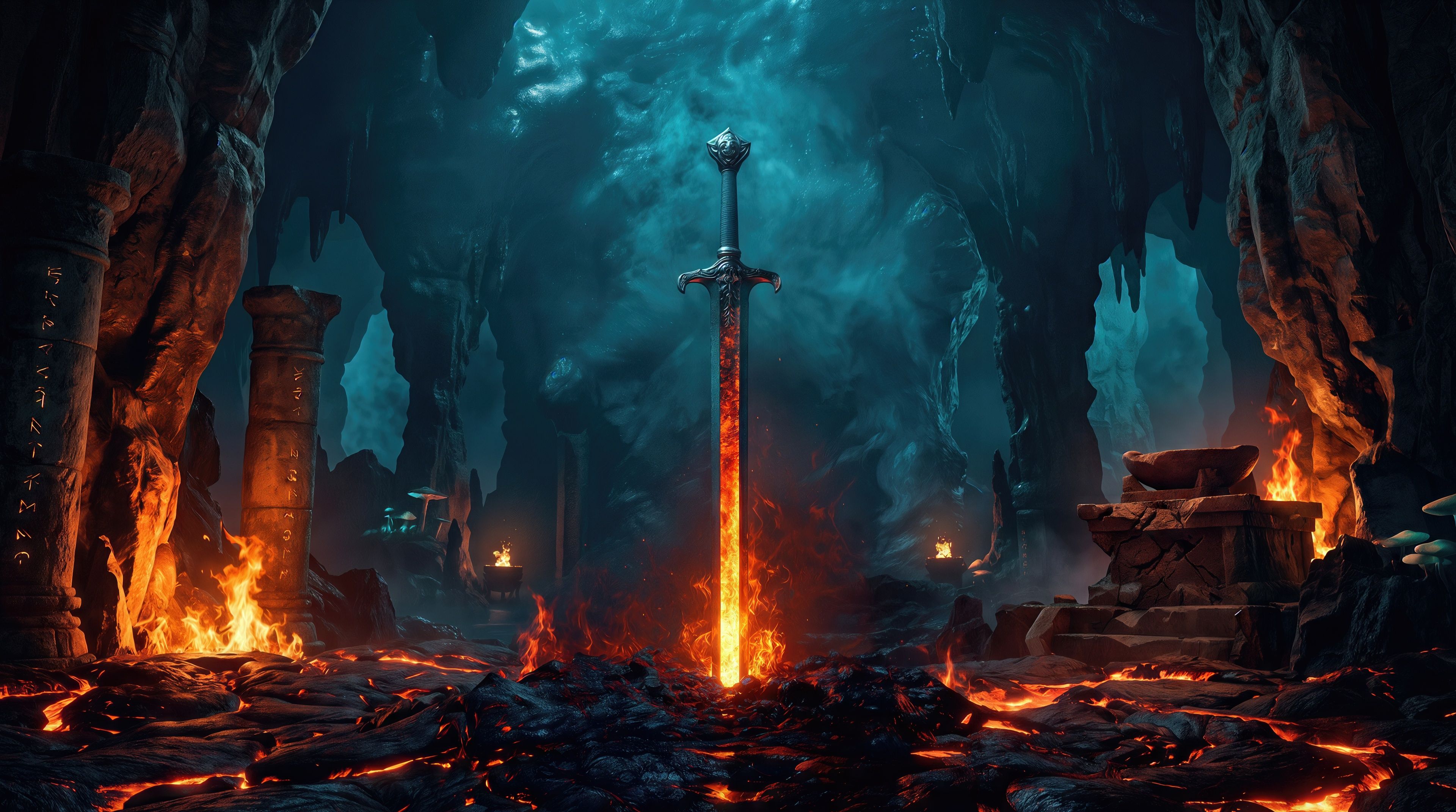 3840x2143 The legendary fiery sword is stuck into the lava inside a gloomy cave against a background of blue smoke · 320x240 Cellphone free photo from n0mad and wallpaper