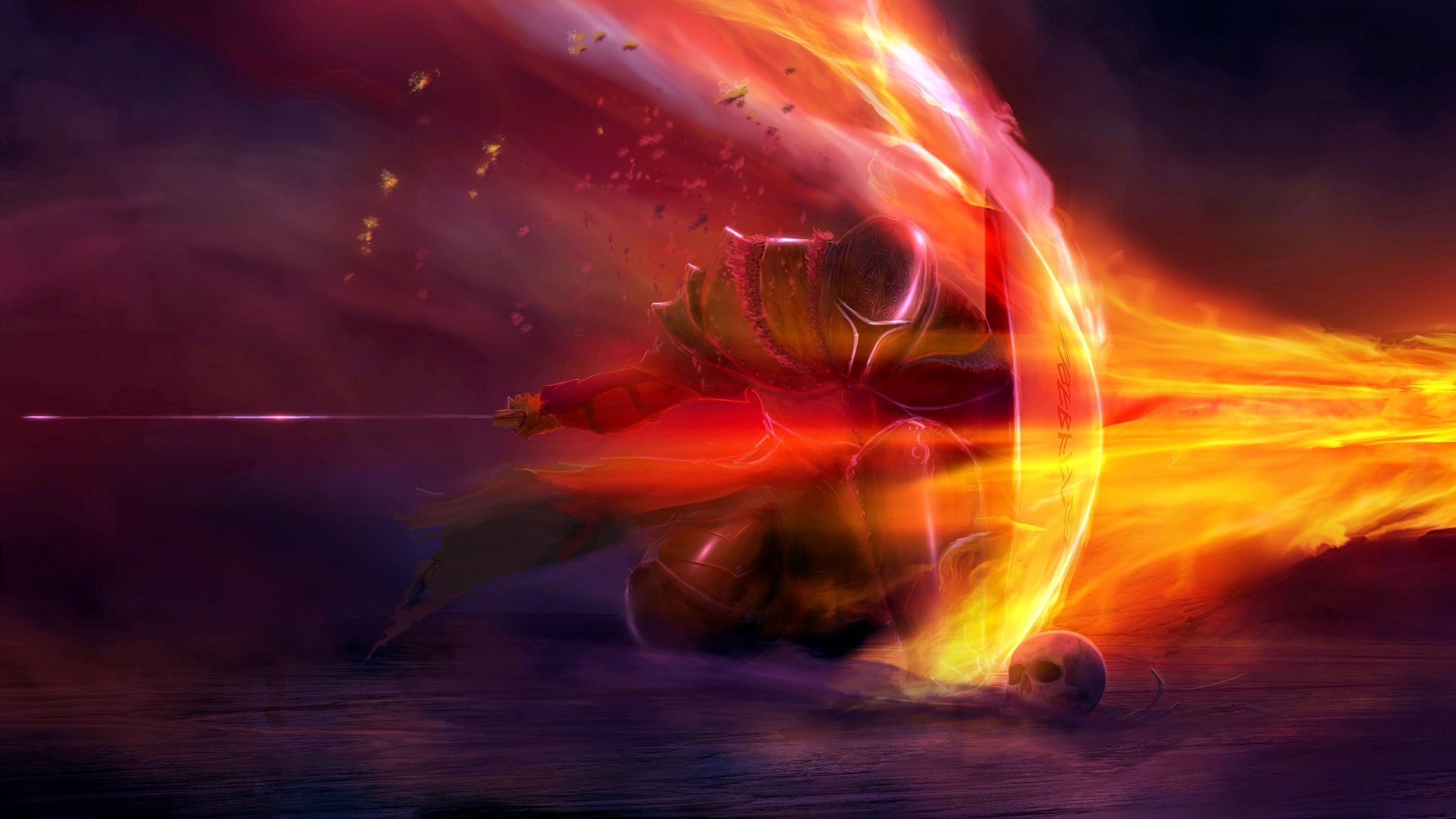 2560x1440 Phone wallpaper: Fantasy, Knight, Armor, Flame, Shield, Sword, Warrior 948275