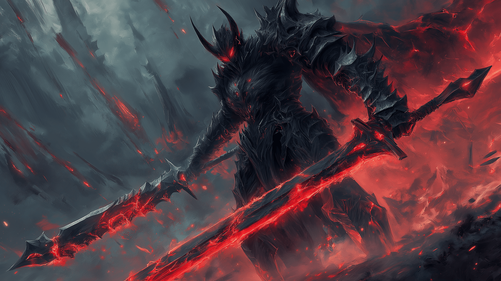 1600x897 Mural Wallpaper manga. Dark warrior with flaming sword