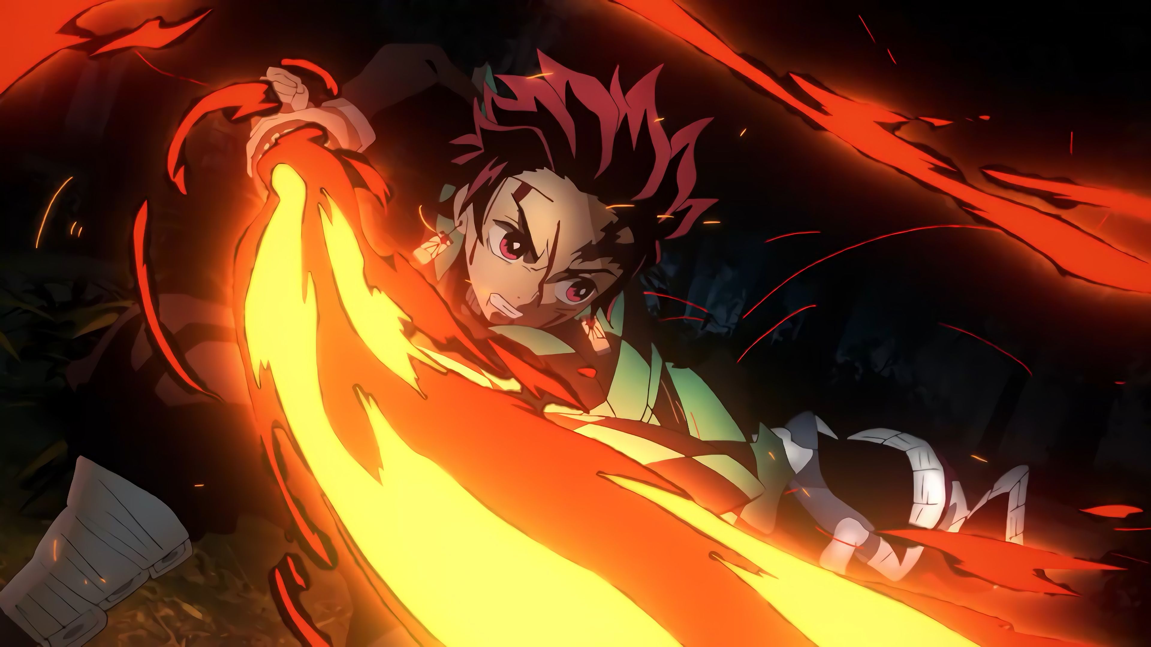 3840x2160 Tanjiro with Flaming Katana from anime Kimetsu no Yaiba Wallpaper 4K for Desktop