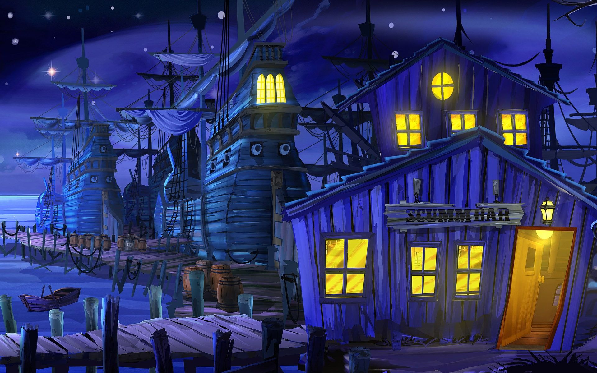 1920x1200 Wallpaper The Secret of Monkey Island, Day of The Tentacle, Adventure Game, Blue, Night, Background Free Image