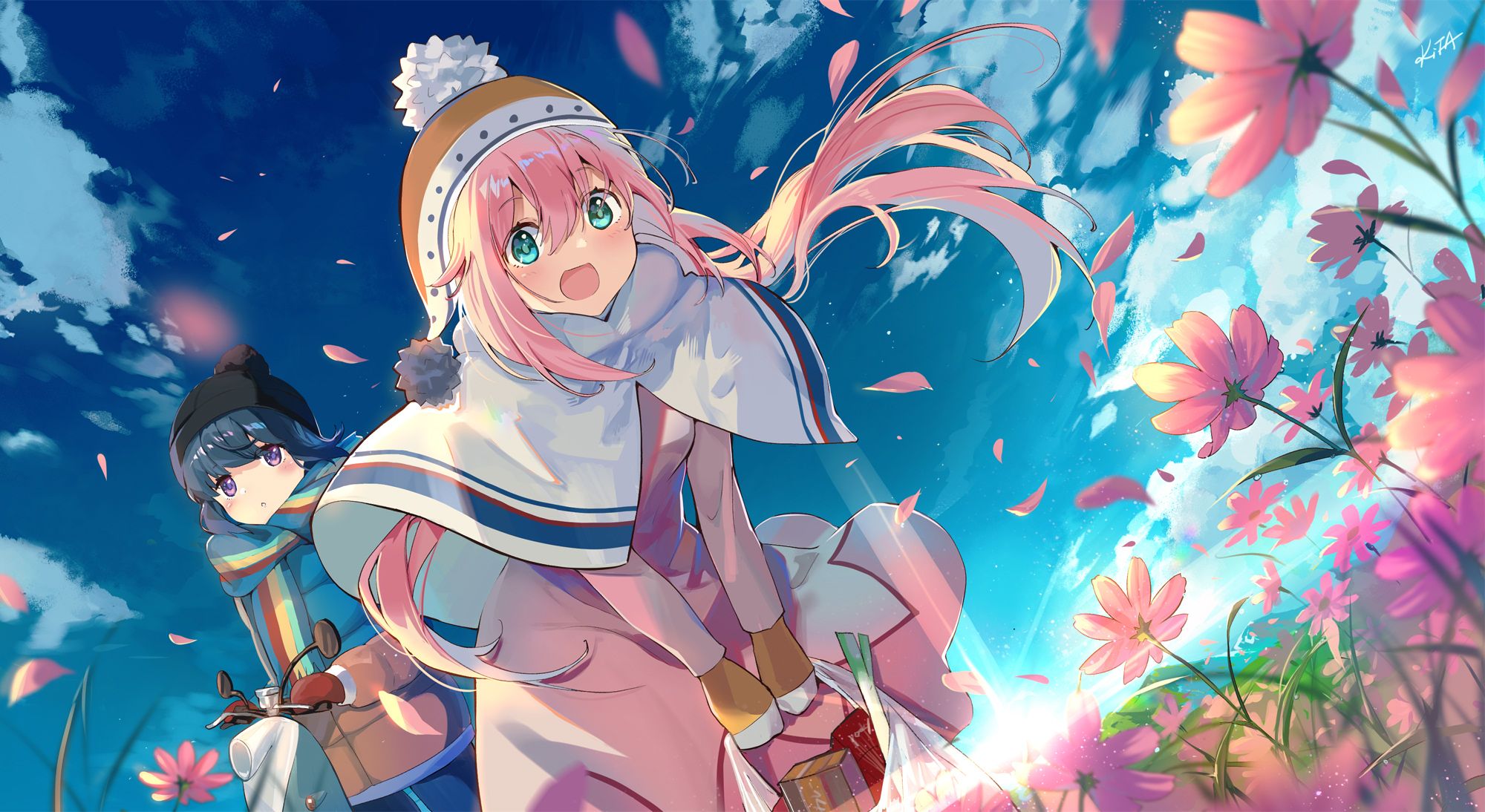 2000x1094 Desktop wallpaper: Nadeshiko Kagamihara, Laid Back Camp, Anime, Flower, Long Hair, Pink Hair, Rin Shima 4K free download for PC. 1009648