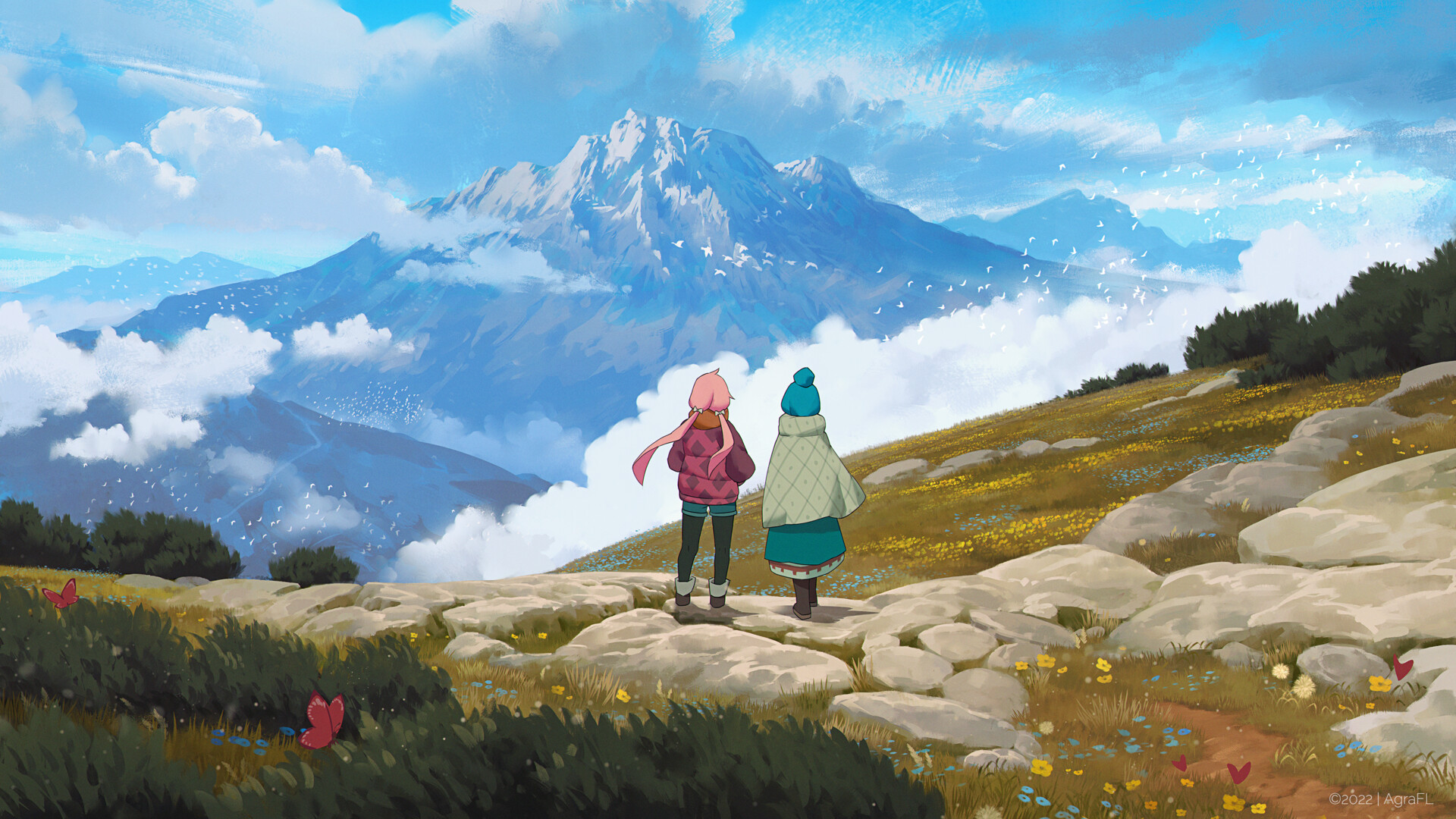 1920x1080 artwork, digital art, nature, mountains, anime, Yuru Camp, Rin Shima, Nadeshiko Kagamihara, camping, anime girlsx1080 Wallpaper