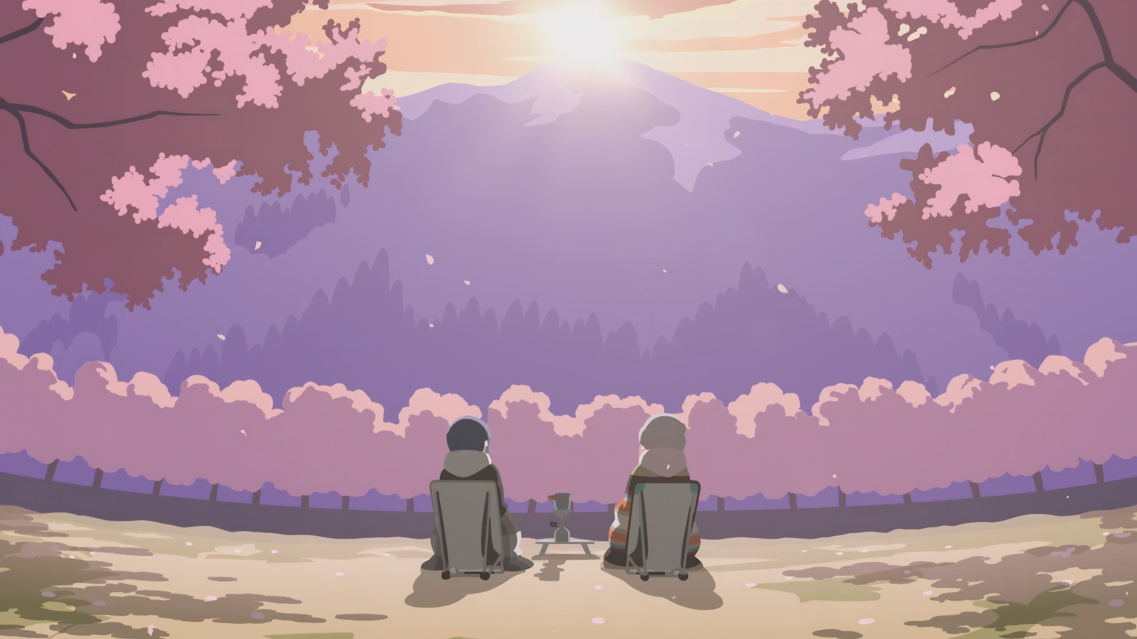 3840x2160 sitting, Yuru Camp, Nadeshiko Kagamihara, Rin Shima, cherry trees, cherry blossom, mountains, camping, sunlight, trees, animex2160 Wallpaper