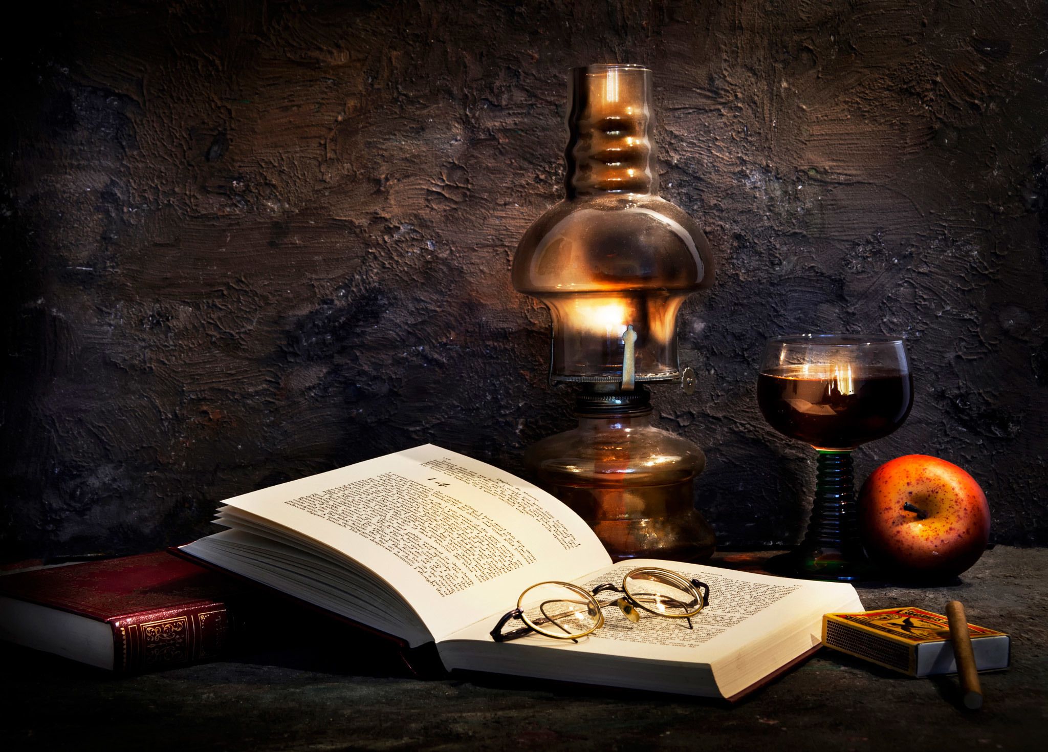 2048x1469 Wallpaper apples, book, glasses, Burning the midnight oil, lamp for mobile and desktop, section стиль, resolution 2048x1469