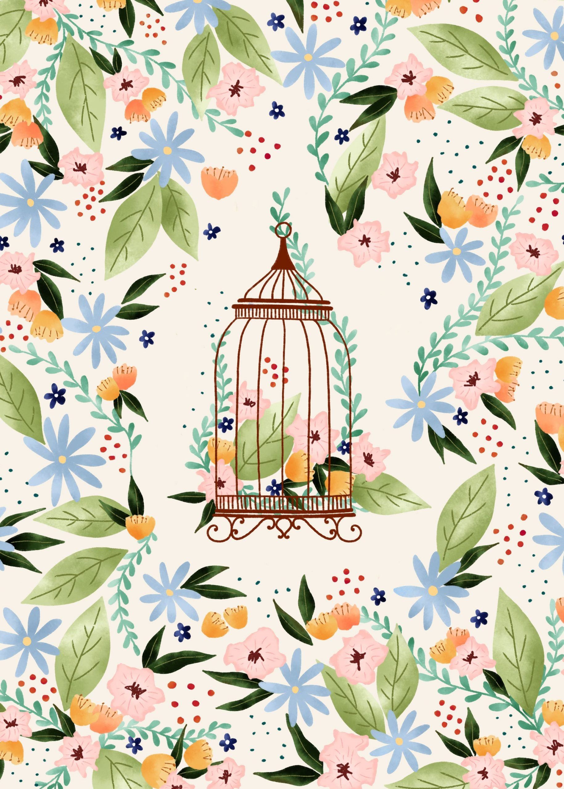 1829x2560 Floral birdcage desktop, phone and tablet wallpaper