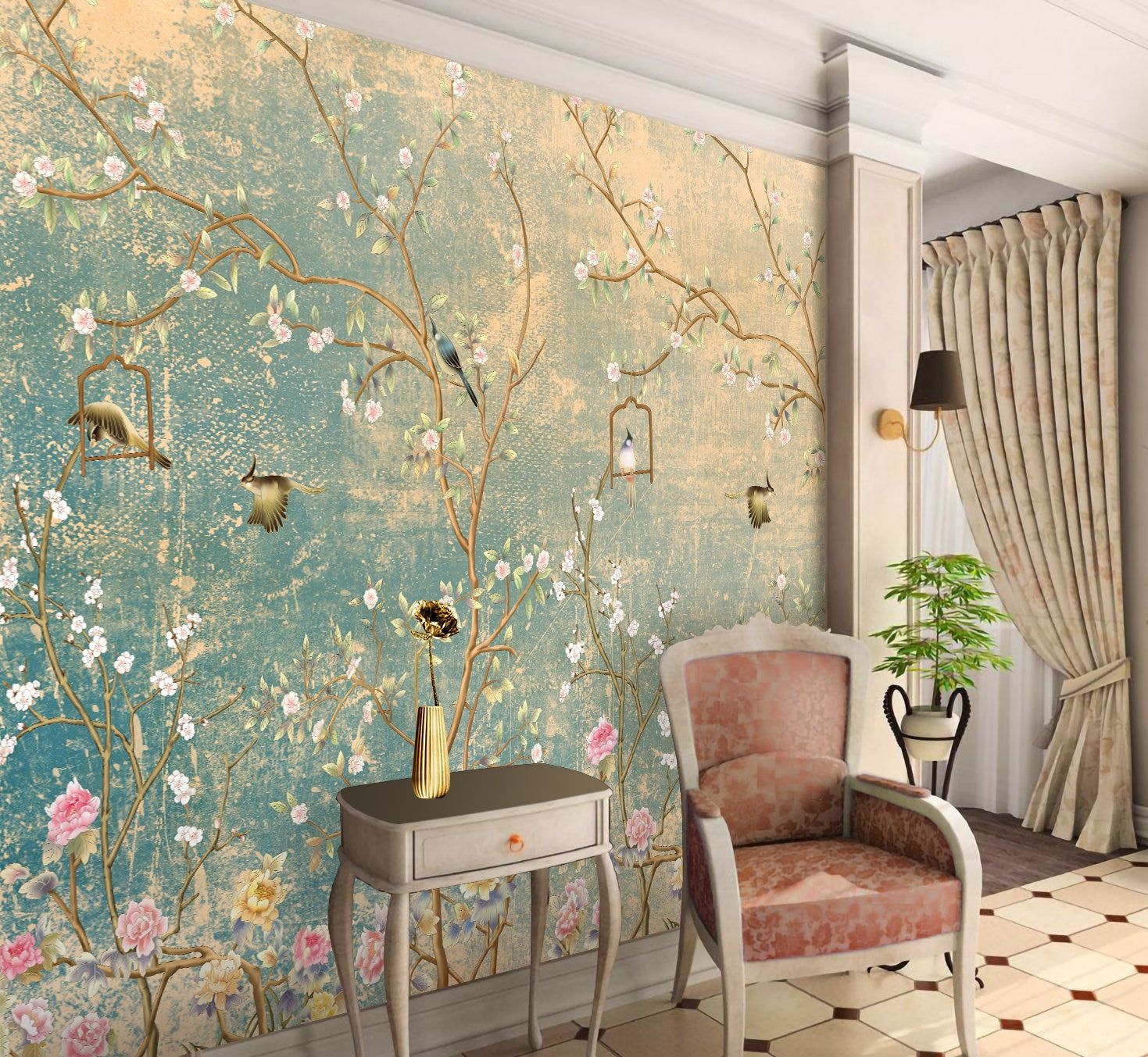 1469x1353 Chinoiserie Wallpaper Peel and Stick, Antique Bird Cage Removable Wall Paper