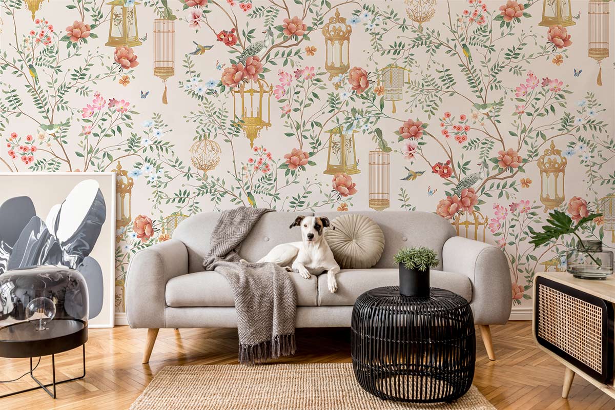 1200x800 Vintage Botanical Lantern Floral Mural Wallpaper