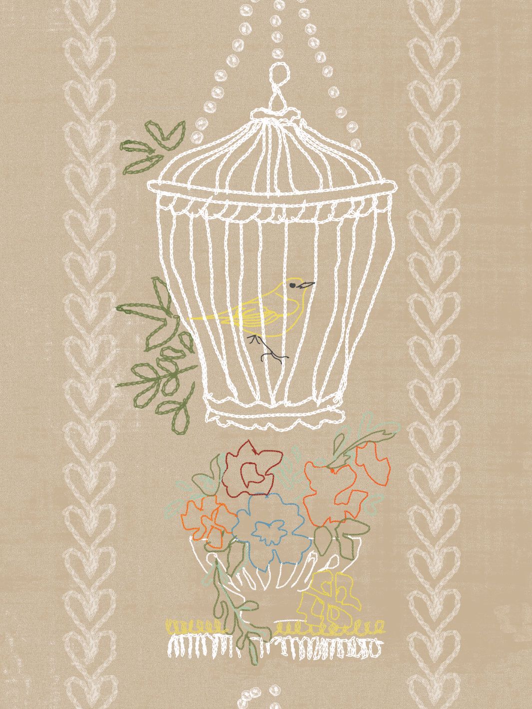 1065x1420 'Embroidered Birdcages' Wallpaper