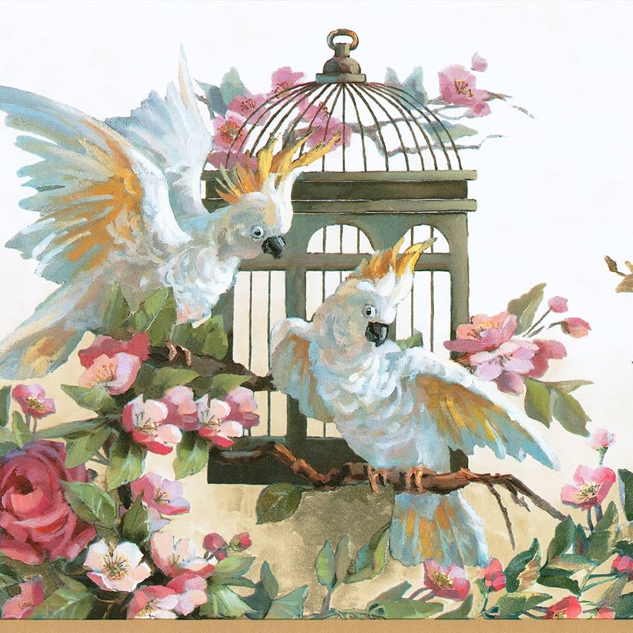 894x894 Concord Wallcoverings Wallpaper Border Vintage Pattern Roses Leaves Parrots Birdhouse for Living Room Dining Area Cottage, Cream Pink Green, 15 ft