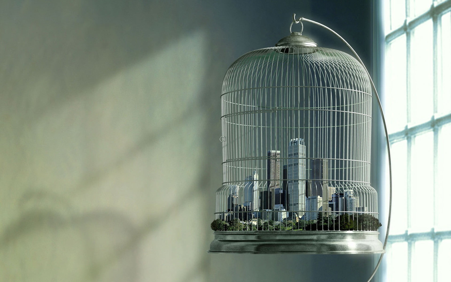 1920x1200 Gray birdcage, cages, skyscraper, digital art, sunlight HD wallpaper