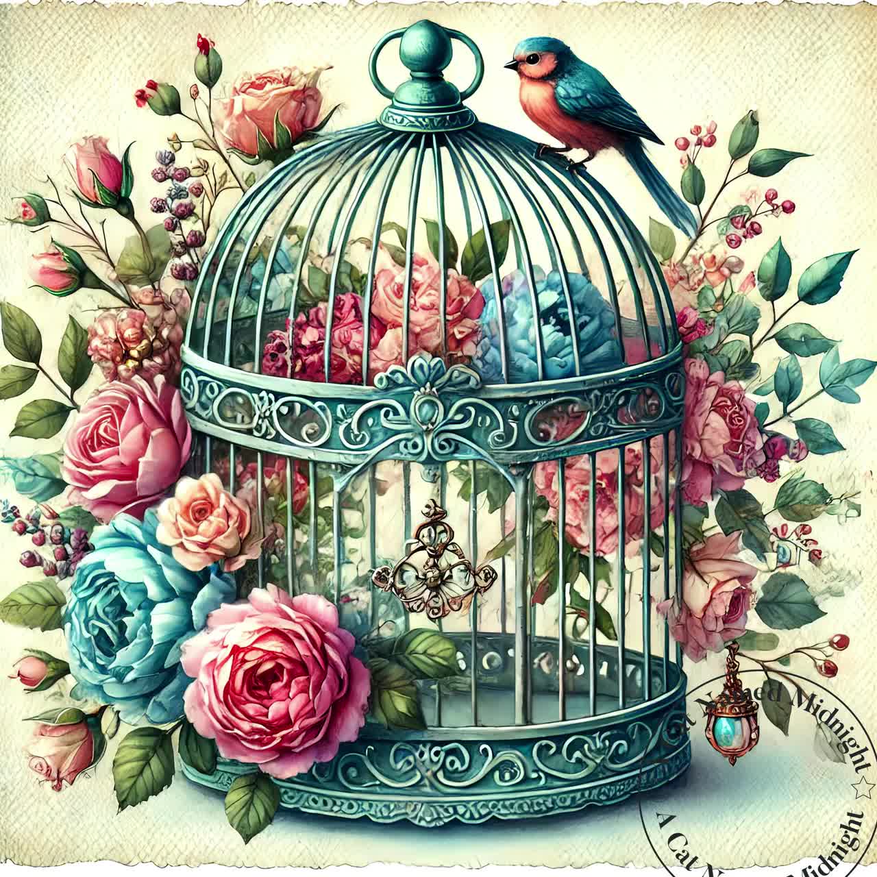 1280x1280 Shabby Chic Bird Cage, Birds and Roses Clipart 13 JPG Image Watercolor Birdcage Art Bundle Vintage Antique Birdcage Digital Download Art
