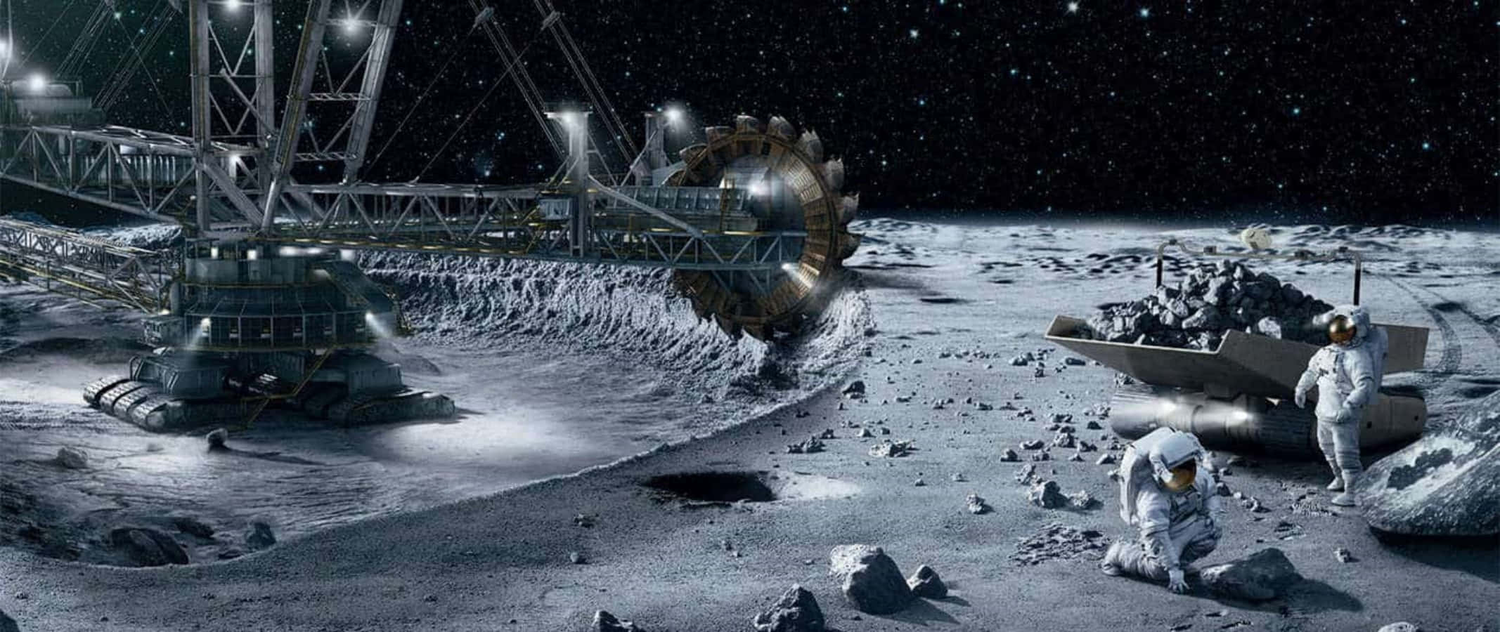 2134x900 Download Excavator in Space: Unearthing the Future of Mining Wallpaper