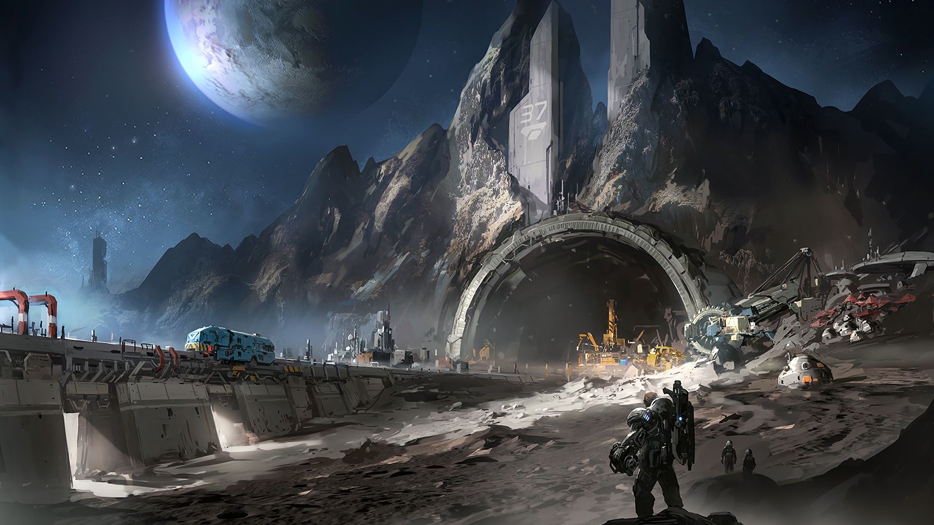 1920x1080 Wallpaper stars, planet, man, futuristic, mine, artwork, digital art, mining for mobile and desktop, section фантастика, resolution 1920x1080