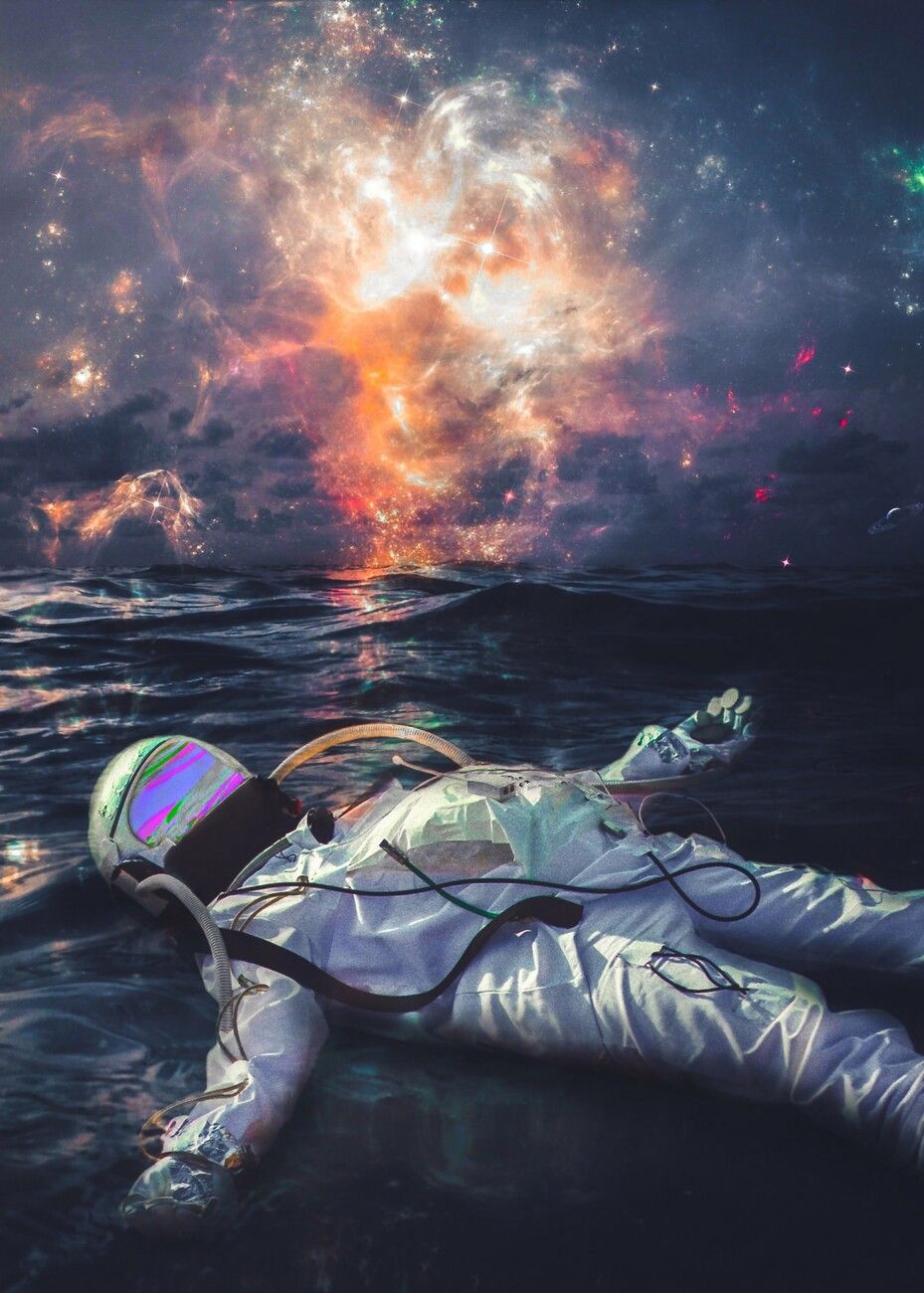 929x1300 Poster Astronaut Floating in Ocean under galaxy colors. Wall Art 1 FREE