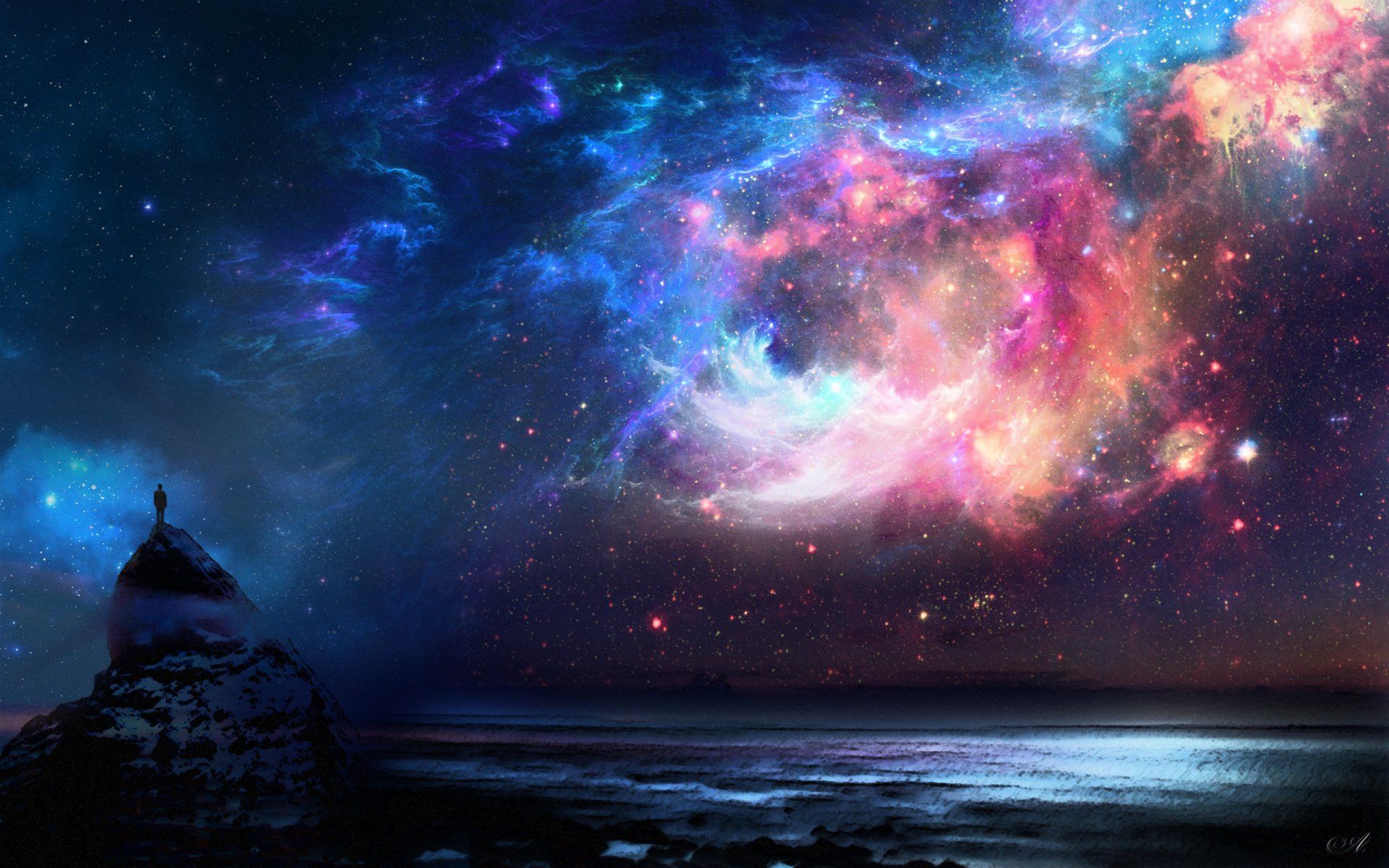 1920x1200 Celestial Ocean: A Sci Fi Nebula Under Starry Skies