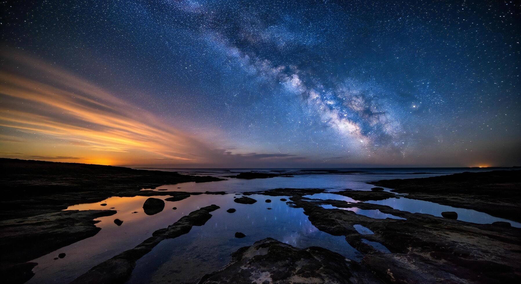 1797x980 Nature background, Nature wallpaper, The Milky Way galaxy arches over a twilight sky reflecting in ocean tide pools on a rocky shore
