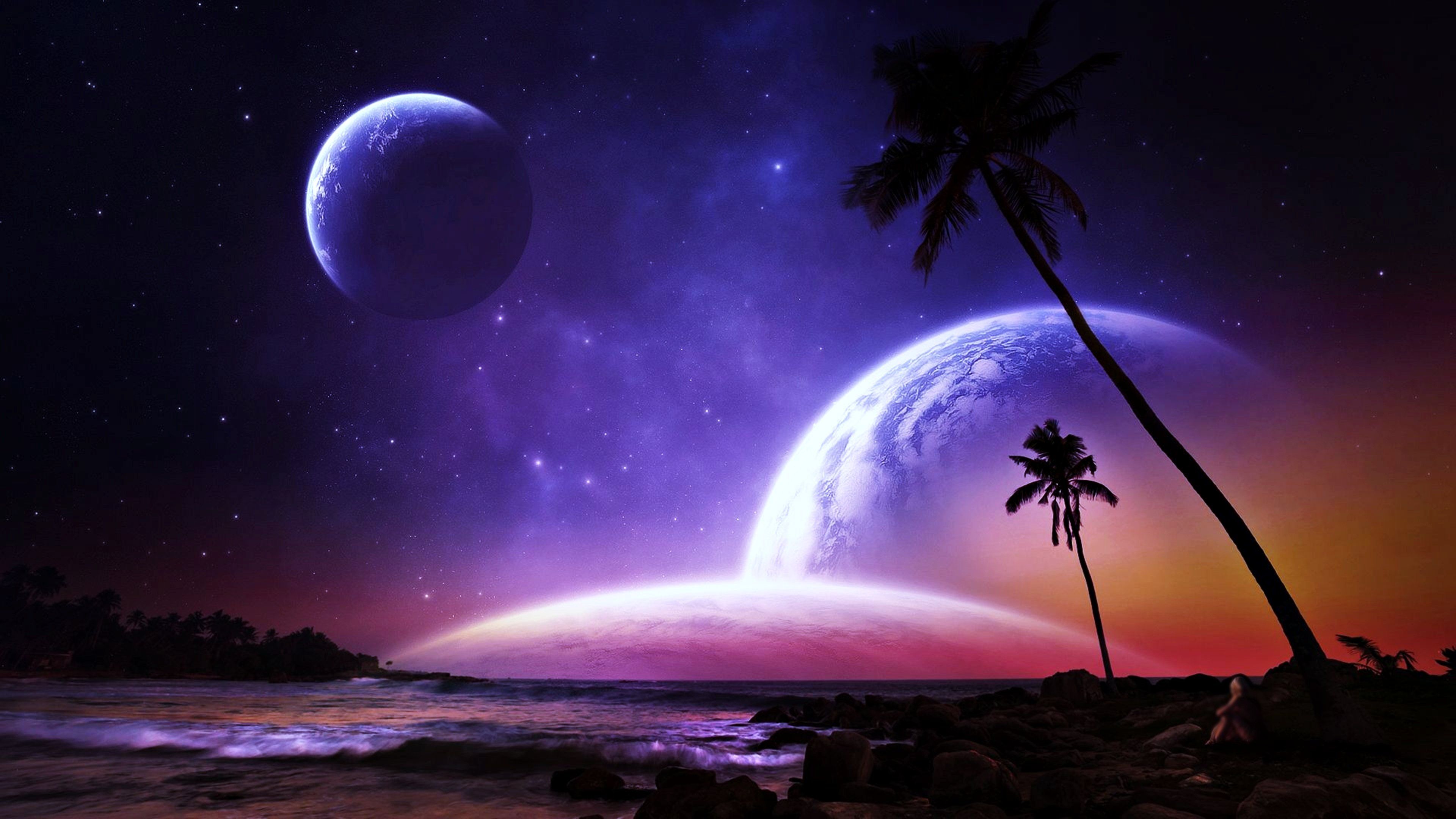 3840x2160 planets, Palms, Fantasy, Dreams, Colorful, Beaches, Space, Stars, Galaxy, Worlds, Earth Wallpaper HD / Desktop and Mobile Background
