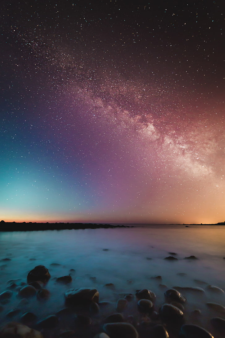 728x1092 HD wallpaper: black stones, nature, stars, water, galaxy, flares, landscape