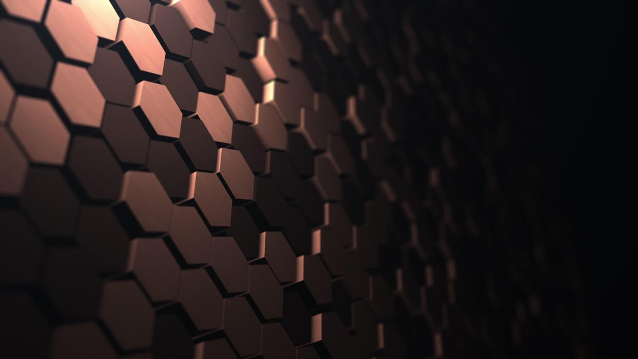 1244x700 Dark copper hexagon wall with cinematic depth, futuristic 3D technology surface and elegant industrial texture
