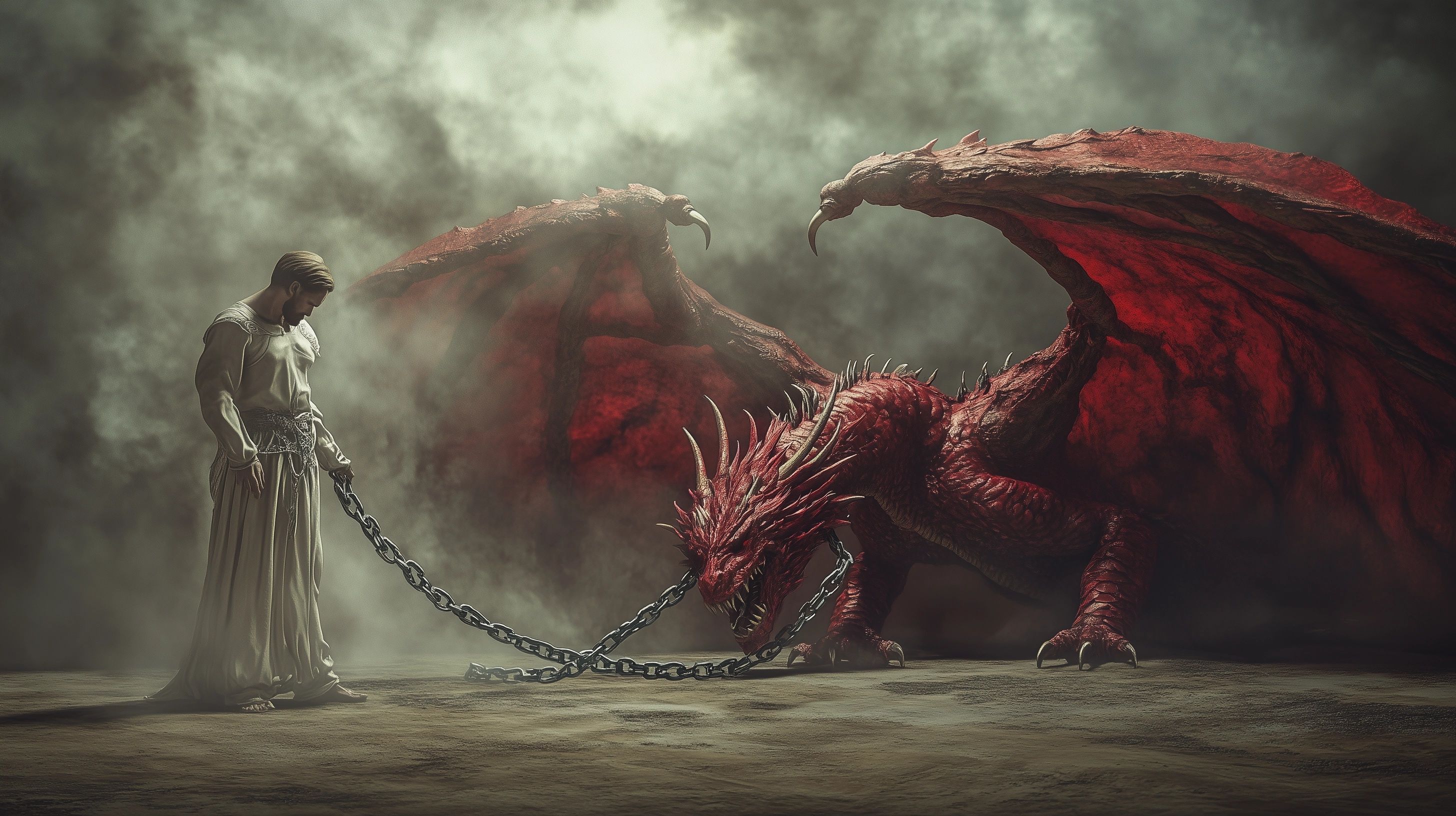 2912x1632 Majestic Angel Binds Dragon In Dark Cinematic Scene • PromptDen