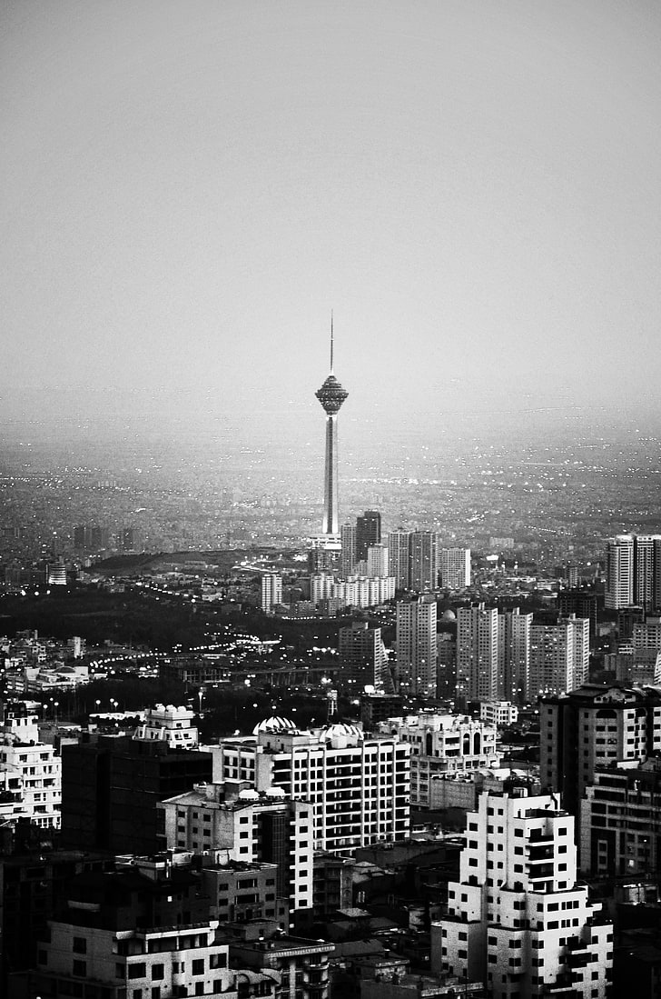 728x1099 HD wallpaper: grayscale photography of tower, Iran, Tehran, city, Milad Tower