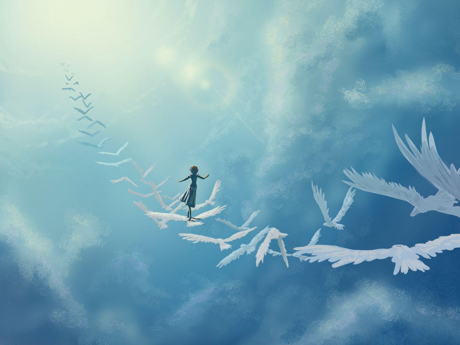 1600x1200 sky, birds, girl, fantasy, clouds .