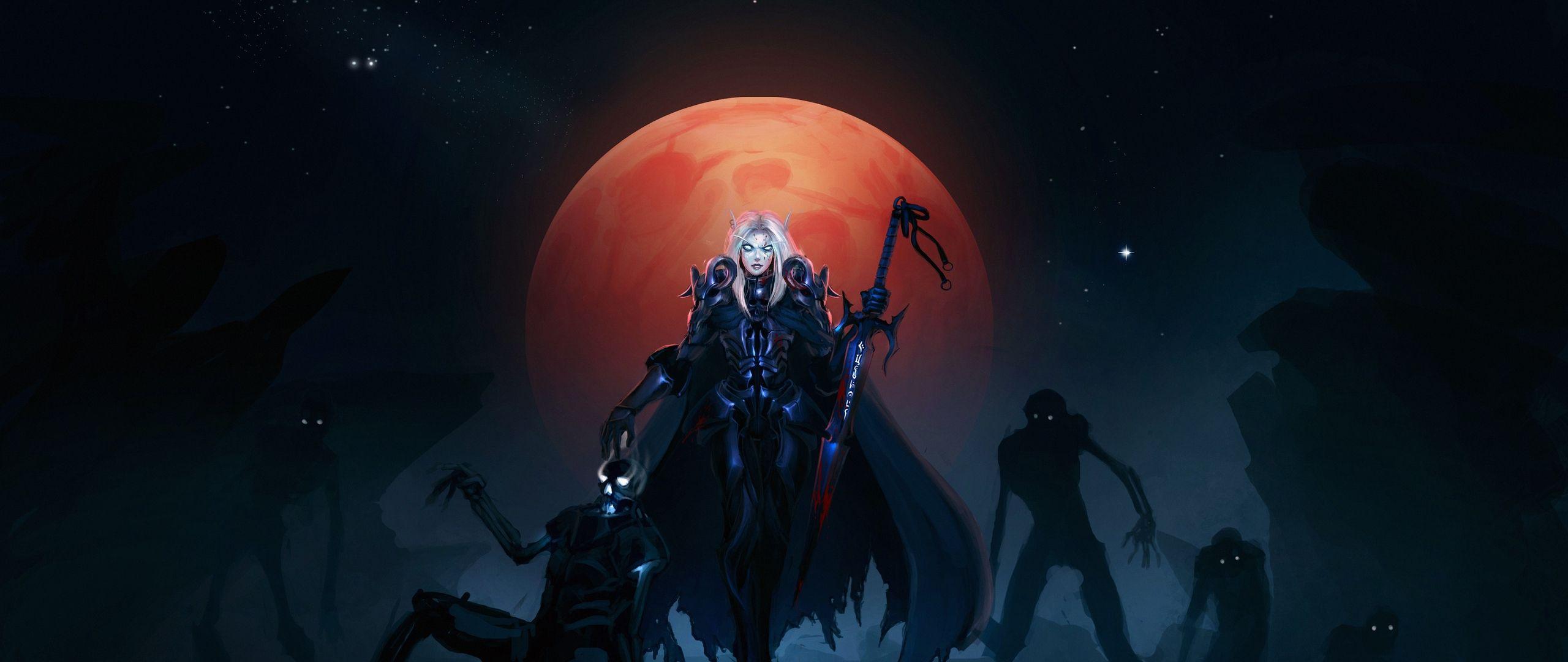 2560x1080 Wallpaper Warcraft, Girl, Moon, Warrior .