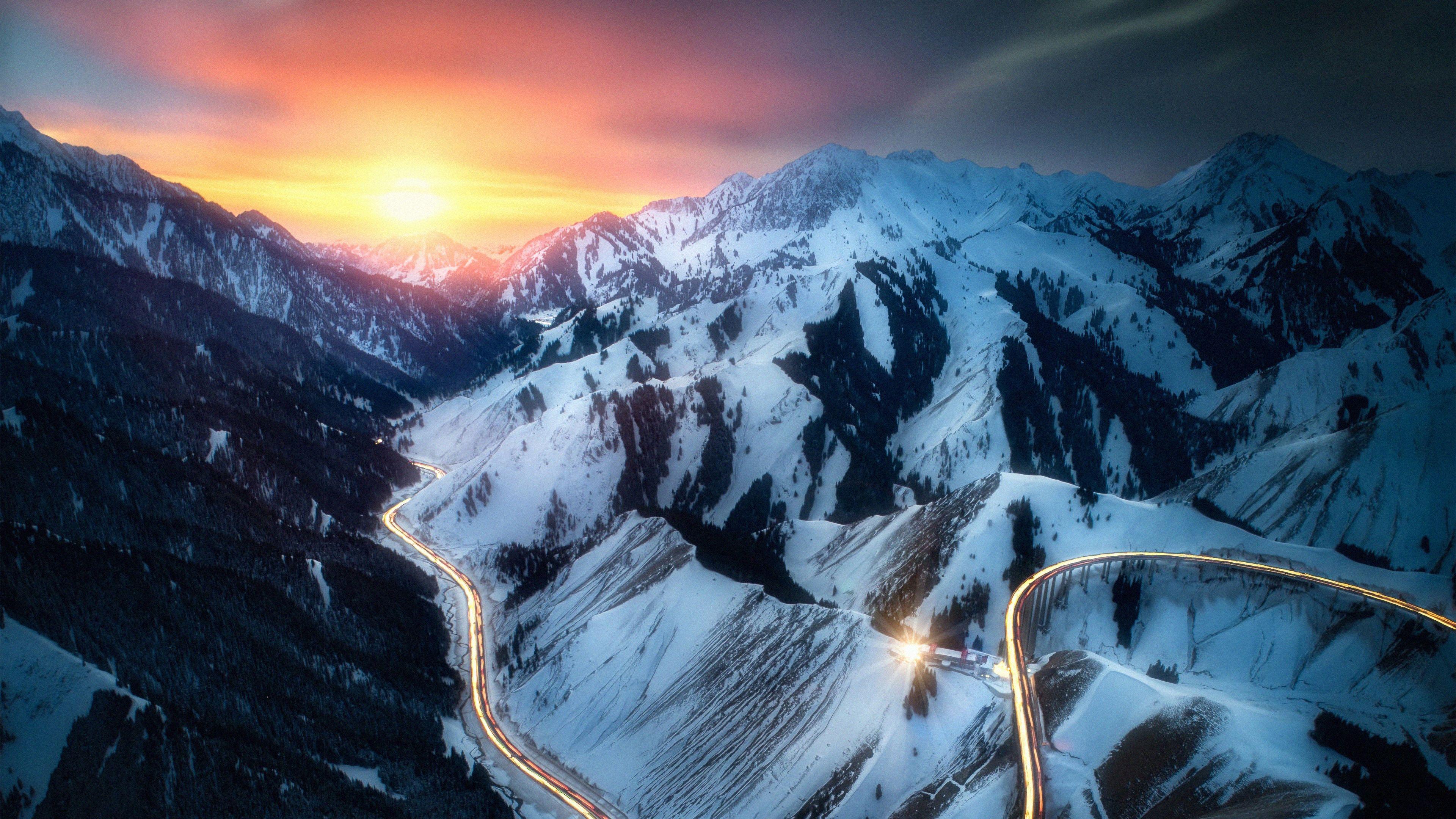 3840x2160 Road Snow Mountains Long Exposure 4k, HD Nature, 4k Wallpaper, Image, Background, Photo and Picture