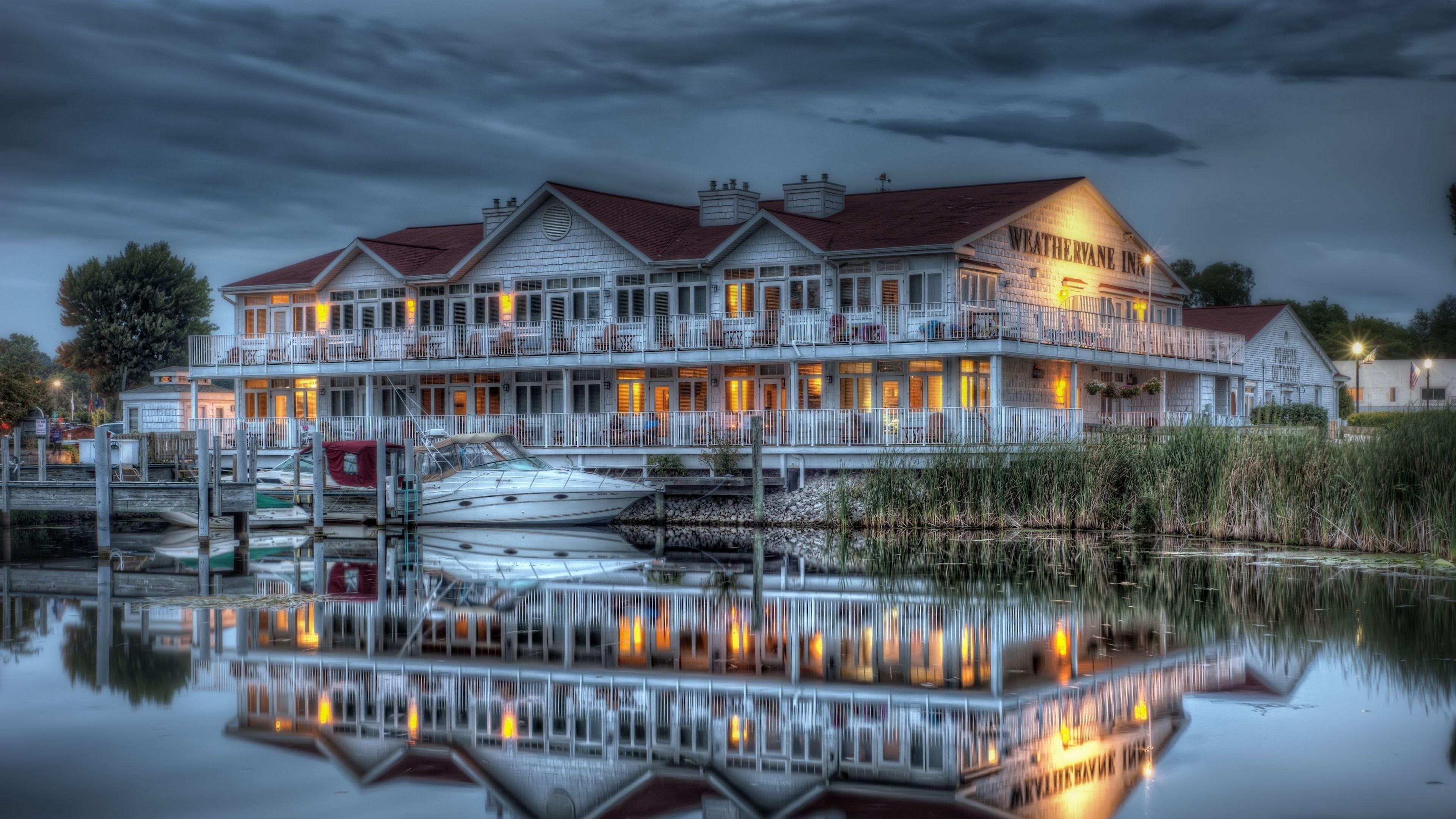 3840x2160 evening, house, river, boat, hdr 4k uhd .